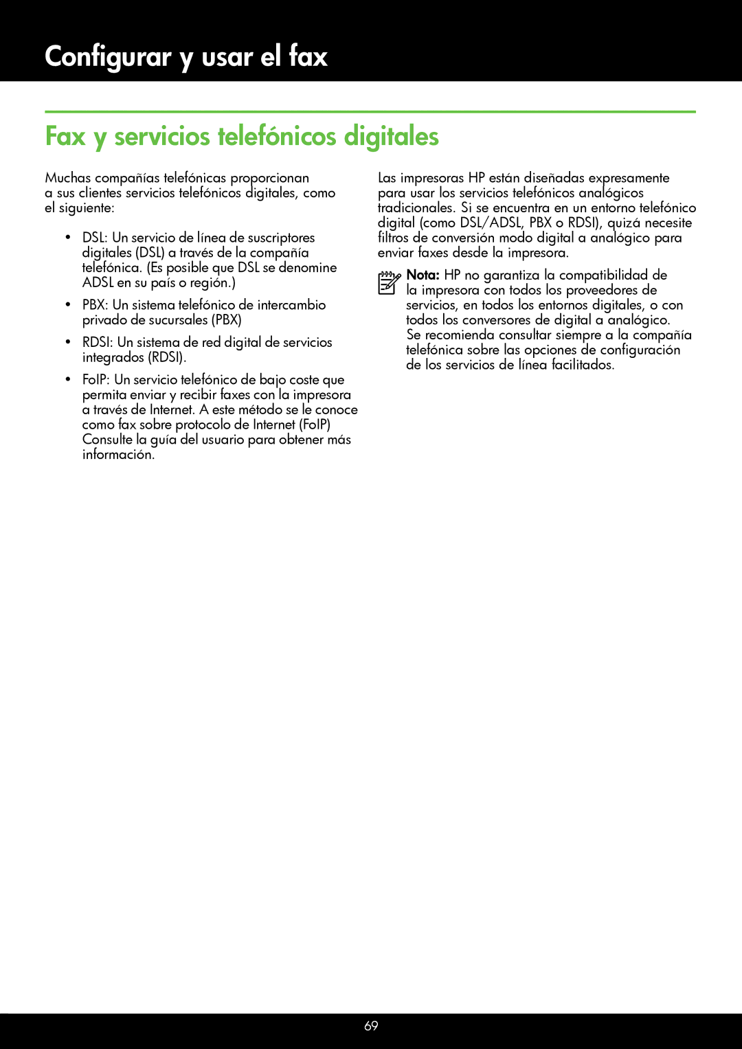 HP 6700 - H7, 6600 - H7 manual Fax y servicios telefónicos digitales 