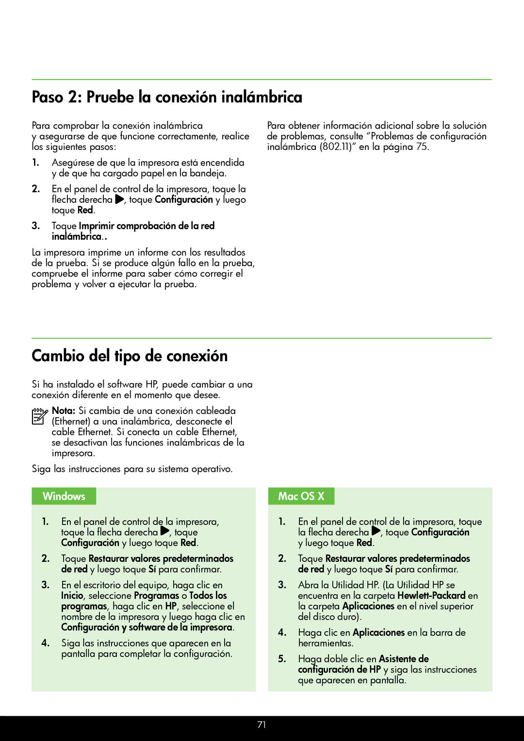 HP 6700 - H7, 6600 - H7 manual Paso 2 Pruebe la conexión inalámbrica, Cambio del tipo de conexión, Español Windows 