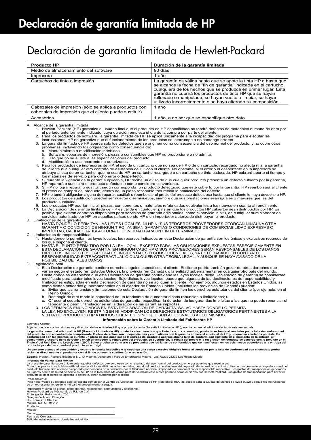 HP 6700 - H7, 6600 - H7 manual Declaración de garantía limitada de HP, Declaración de garantía limitada de Hewlett-Packard 