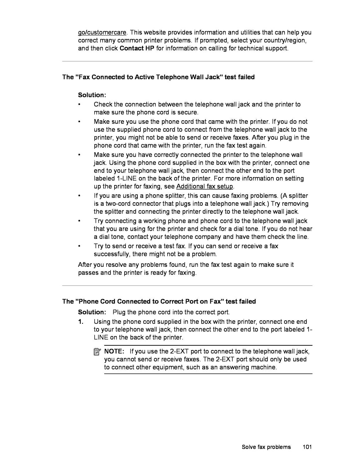 HP 6600 - H7 manual The Fax Connected to Active Telephone Wall Jack test failed Solution 