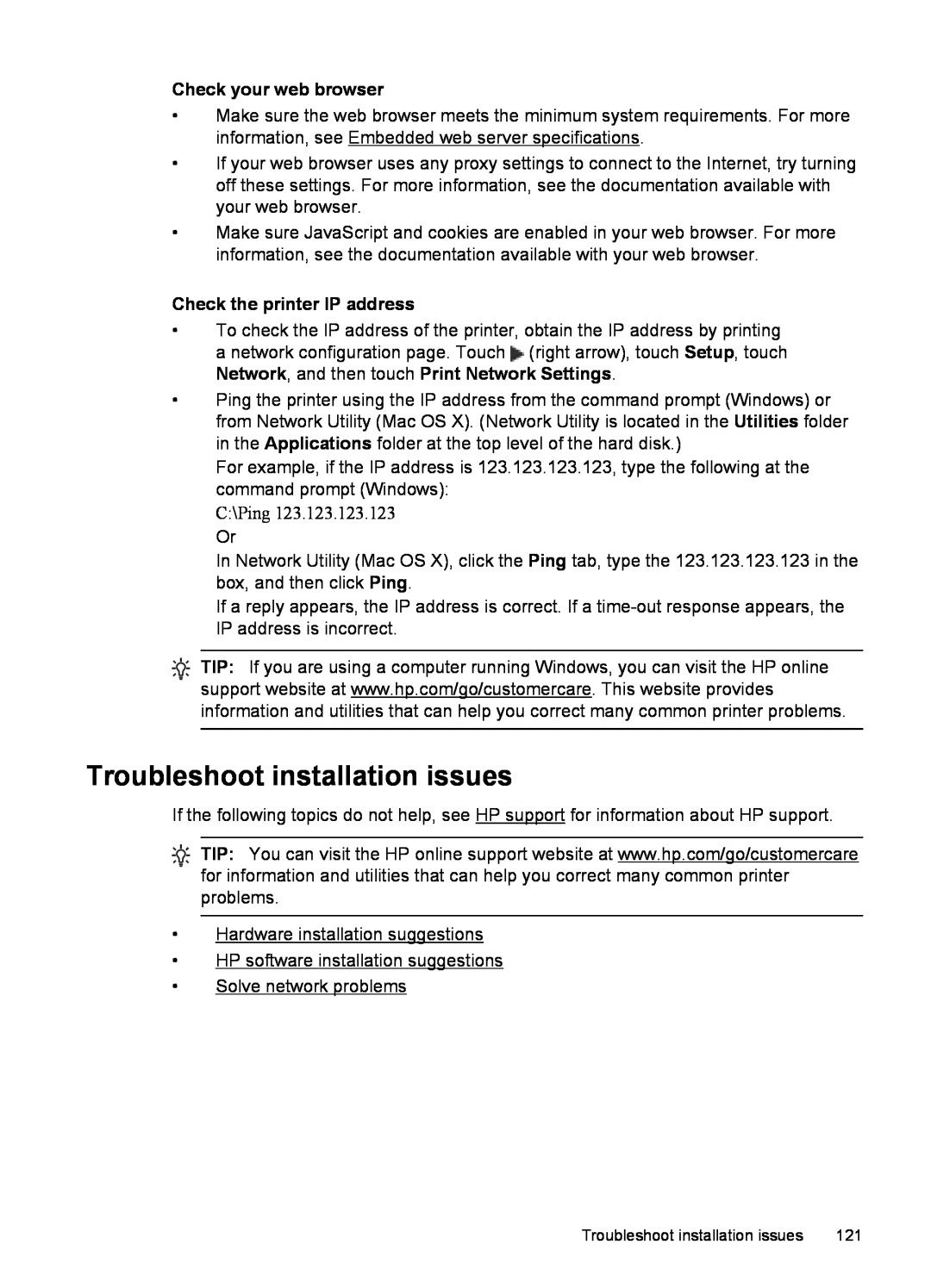 HP 6600 - H7 manual Troubleshoot installation issues, Check your web browser, Check the printer IP address 