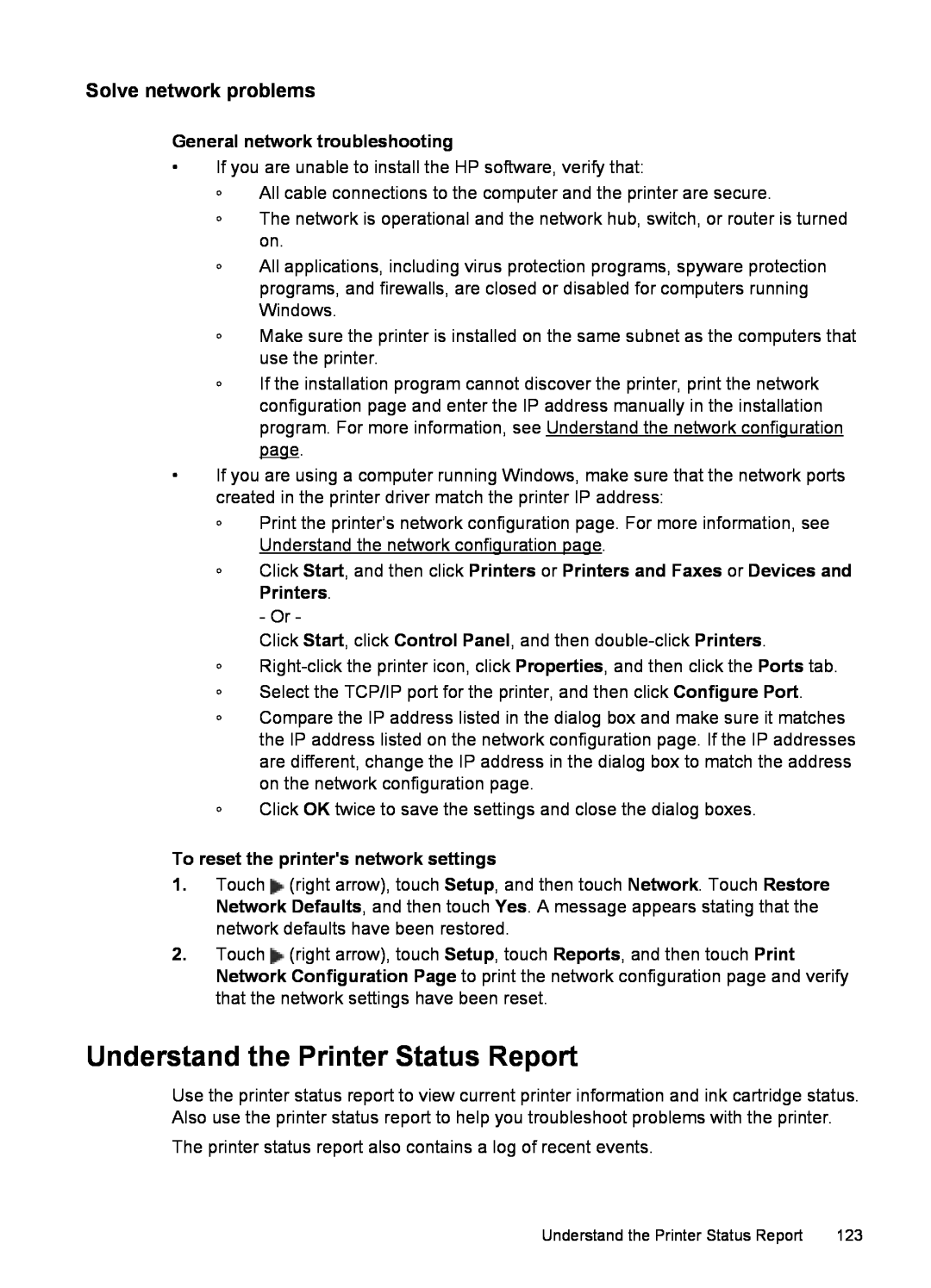 HP 6600 - H7 manual Understand the Printer Status Report, Solve network problems, General network troubleshooting 