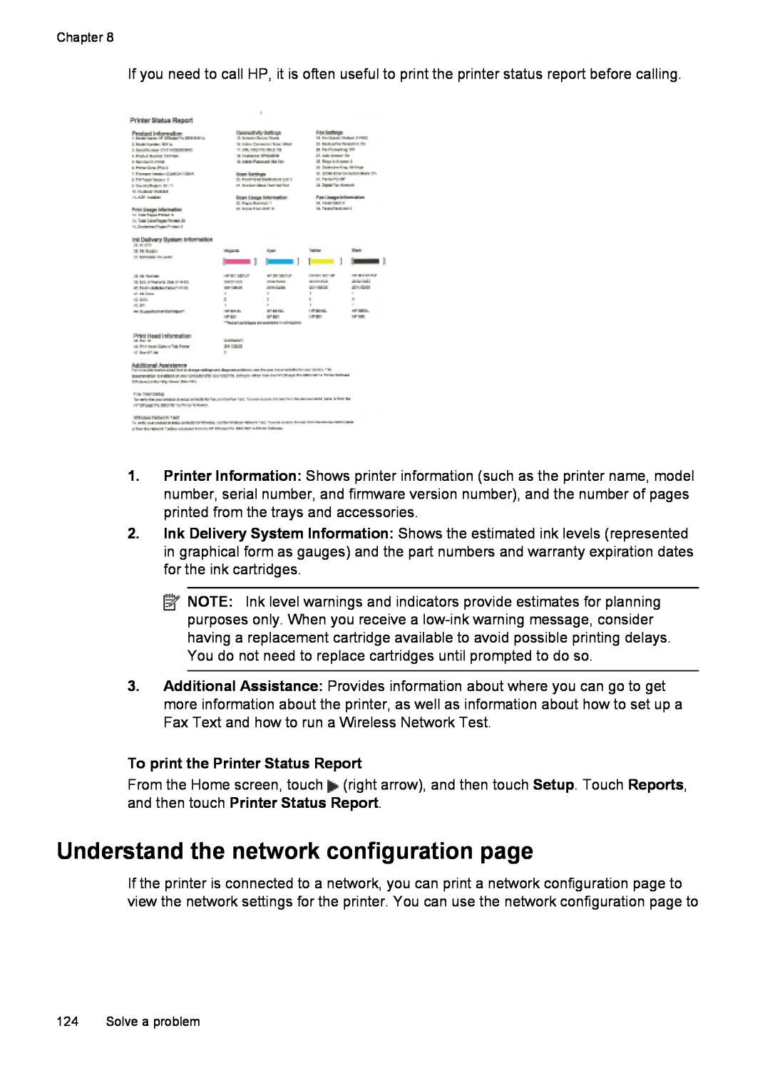 HP 6600 - H7 manual Understand the network configuration page, To print the Printer Status Report 