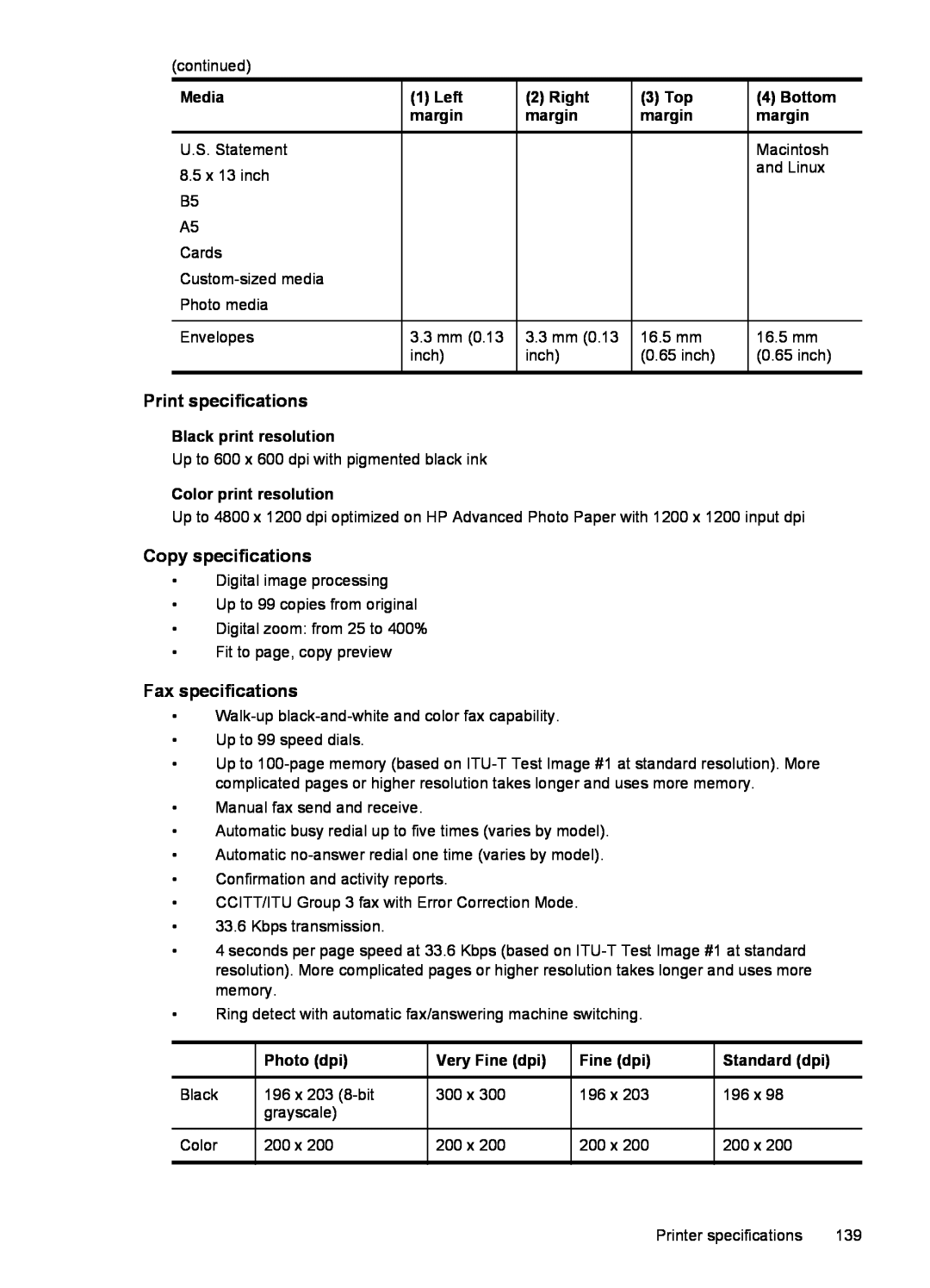 HP 6600 - H7 Print specifications, Copy specifications, Fax specifications, Media, Left, Right, 3 Top, Bottom, margin 