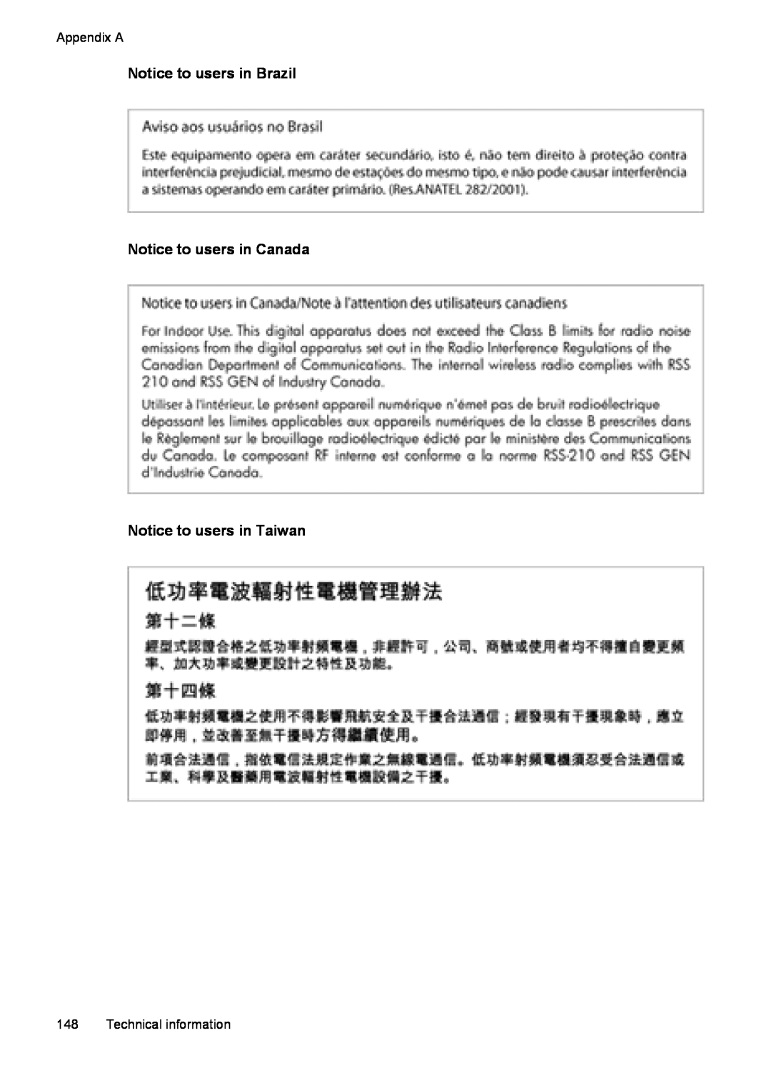 HP 6600 - H7 manual Notice to users in Brazil Notice to users in Canada, Notice to users in Taiwan, Appendix A 