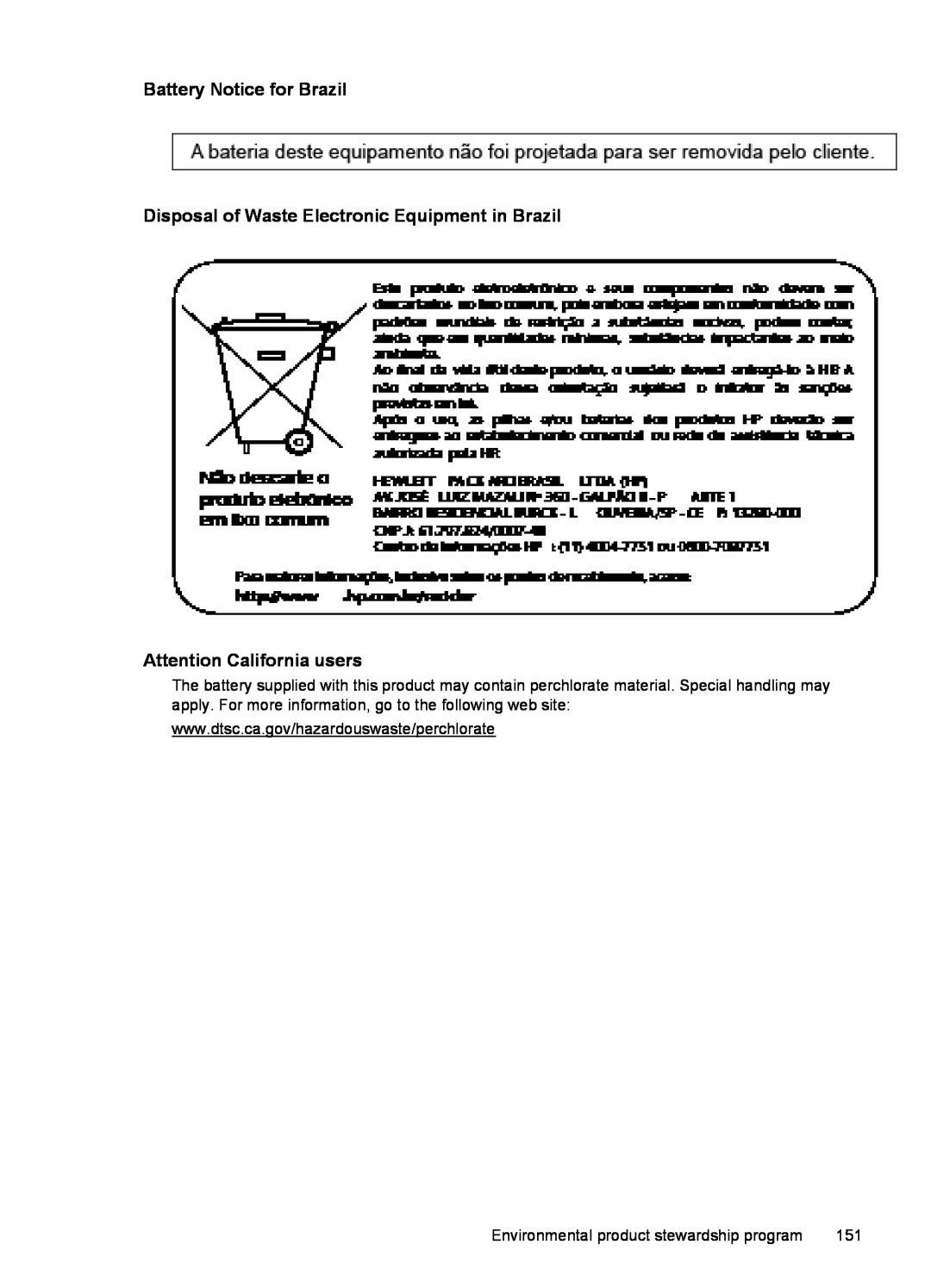 HP 6600 - H7 manual Battery Notice for Brazil, Disposal of Waste Electronic Equipment in Brazil, Attention California users 