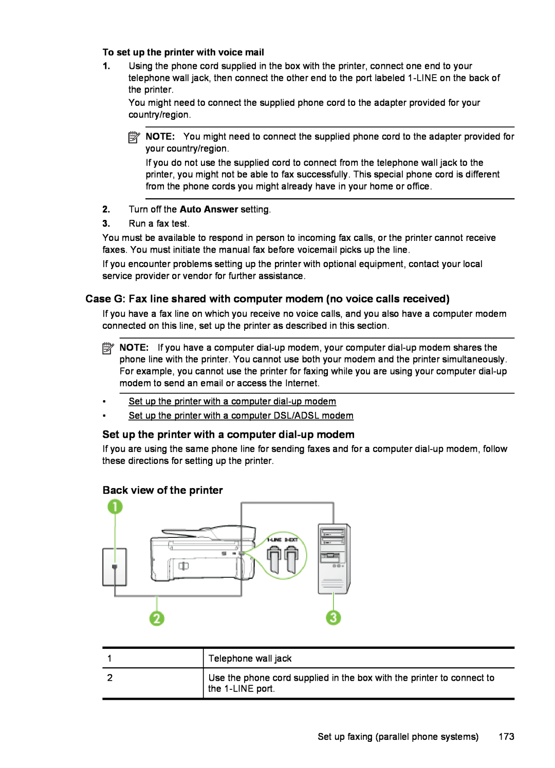 HP 6600 - H7 manual Case G Fax line shared with computer modem no voice calls received, Back view of the printer 