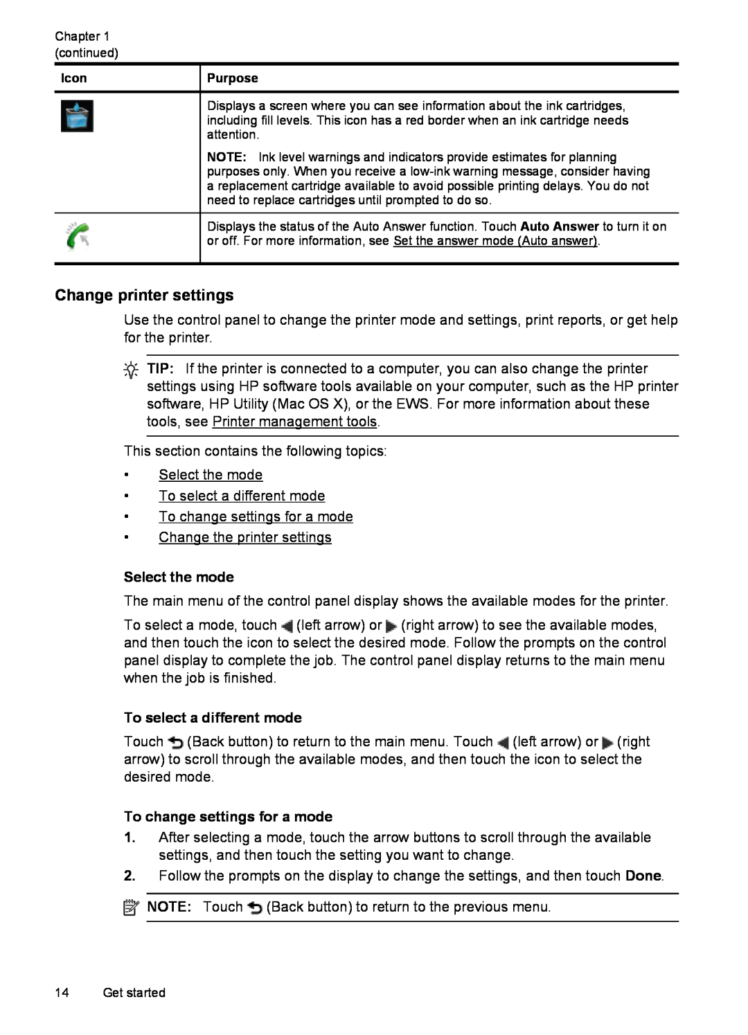 HP 6600 - H7 manual Change printer settings, Select the mode, To select a different mode, To change settings for a mode 