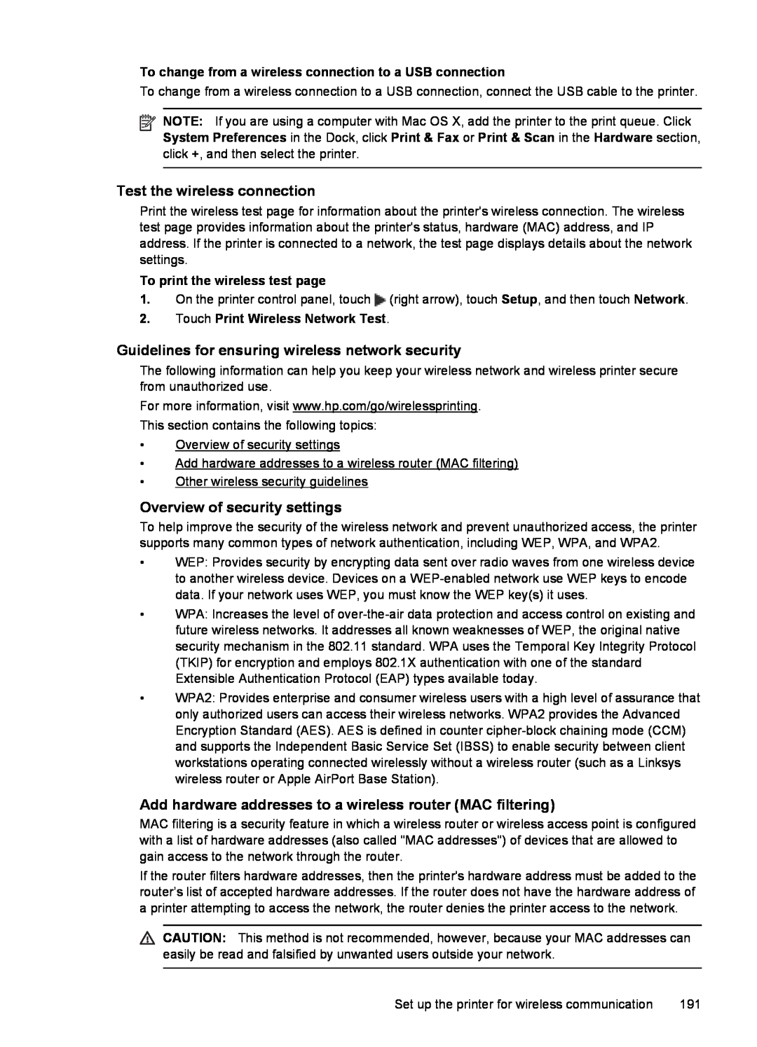 HP 6600 - H7 manual Test the wireless connection, Guidelines for ensuring wireless network security 