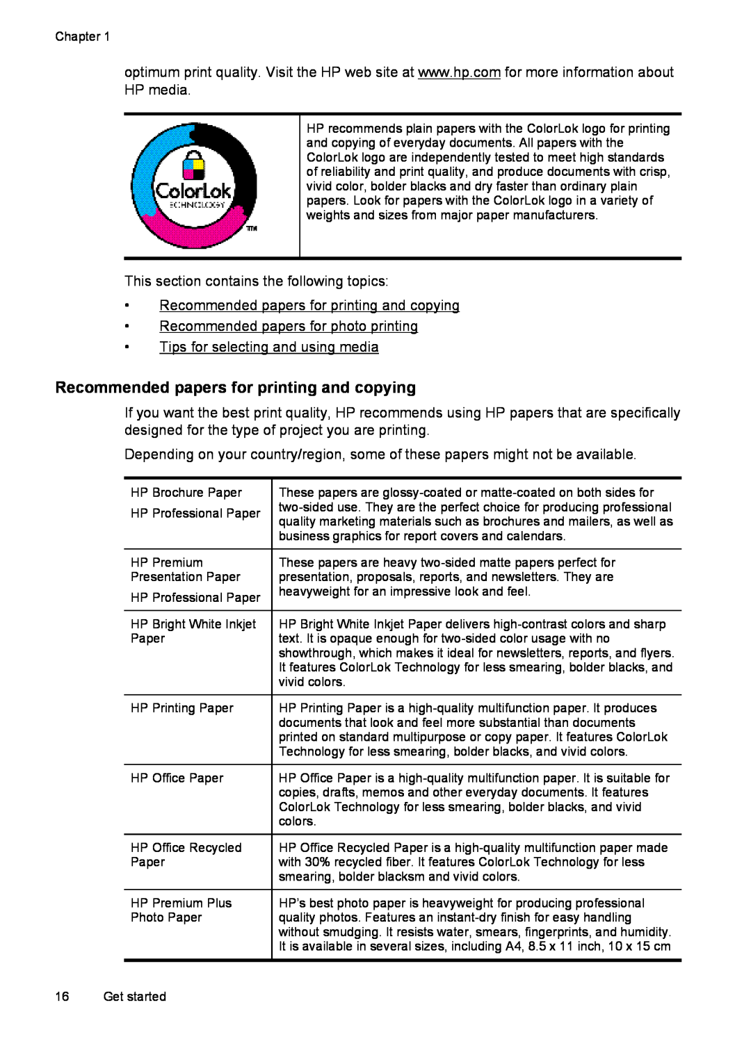 HP 6600 - H7 manual Recommended papers for printing and copying 