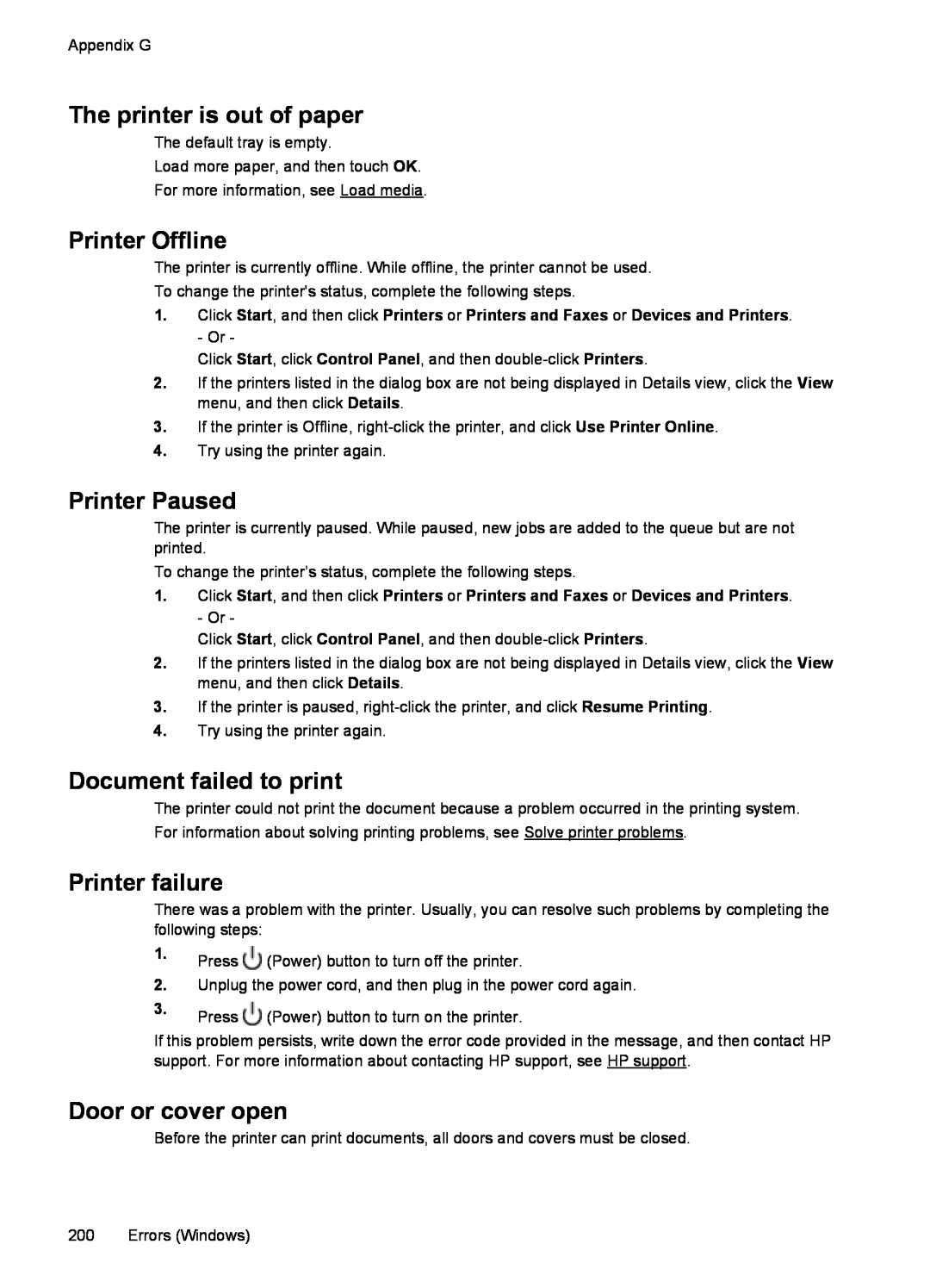 HP 6600 - H7 manual The printer is out of paper, Printer Offline, Printer Paused, Document failed to print, Printer failure 