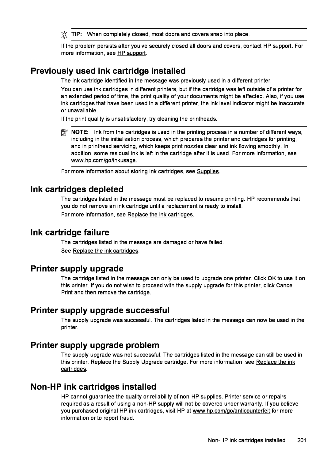 HP 6600 - H7 manual Previously used ink cartridge installed, Ink cartridges depleted, Ink cartridge failure 