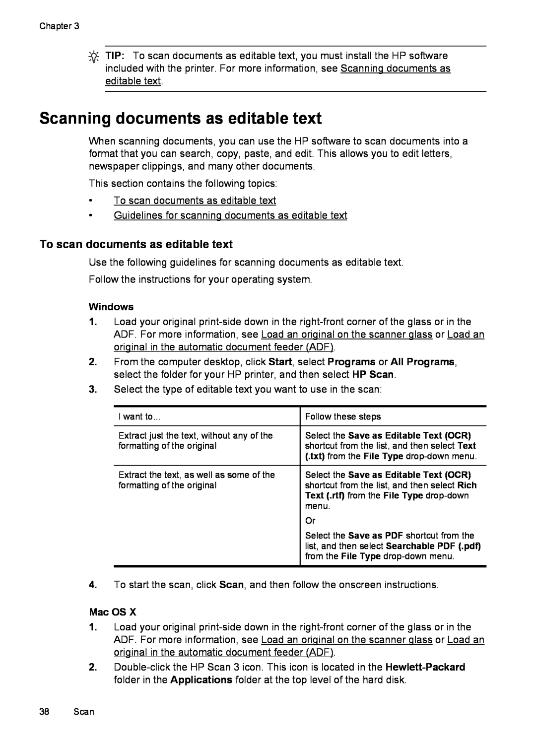 HP 6600 - H7 manual Scanning documents as editable text, To scan documents as editable text, Windows, Mac OS 