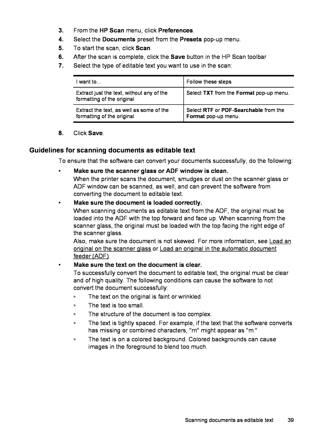 HP 6600 - H7 manual Guidelines for scanning documents as editable text, Make sure the scanner glass or ADF window is clean 