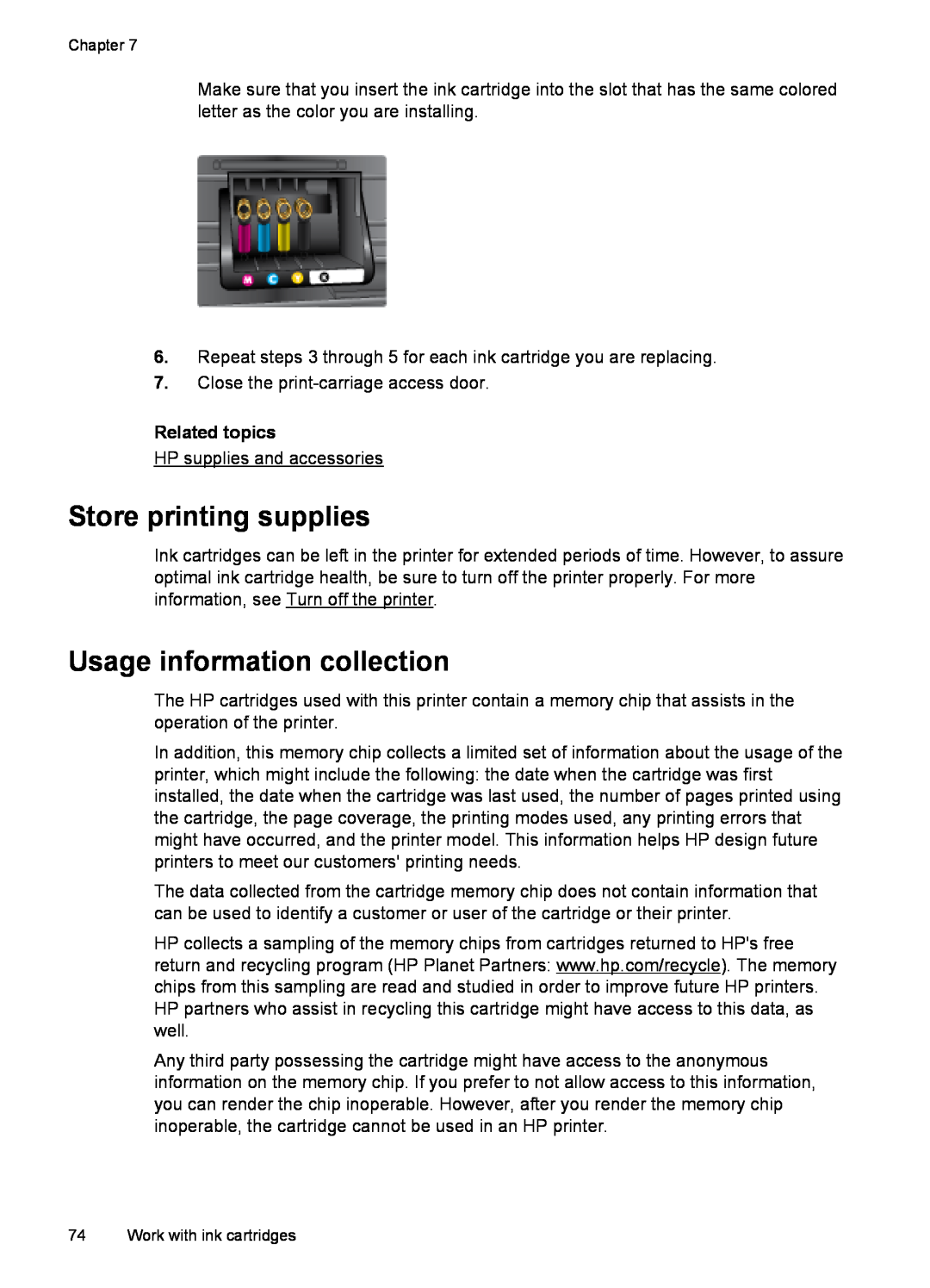 HP 6600 - H7 manual Store printing supplies, Usage information collection, Related topics 