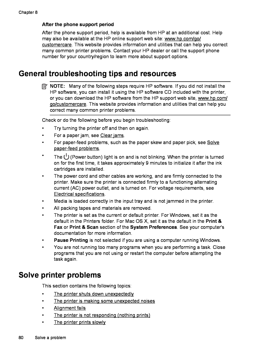 HP 6600 - H7 manual General troubleshooting tips and resources, Solve printer problems, After the phone support period 