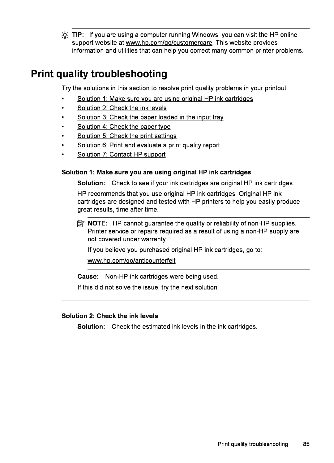HP 6600 - H7 manual Print quality troubleshooting, Solution 1 Make sure you are using original HP ink cartridges 