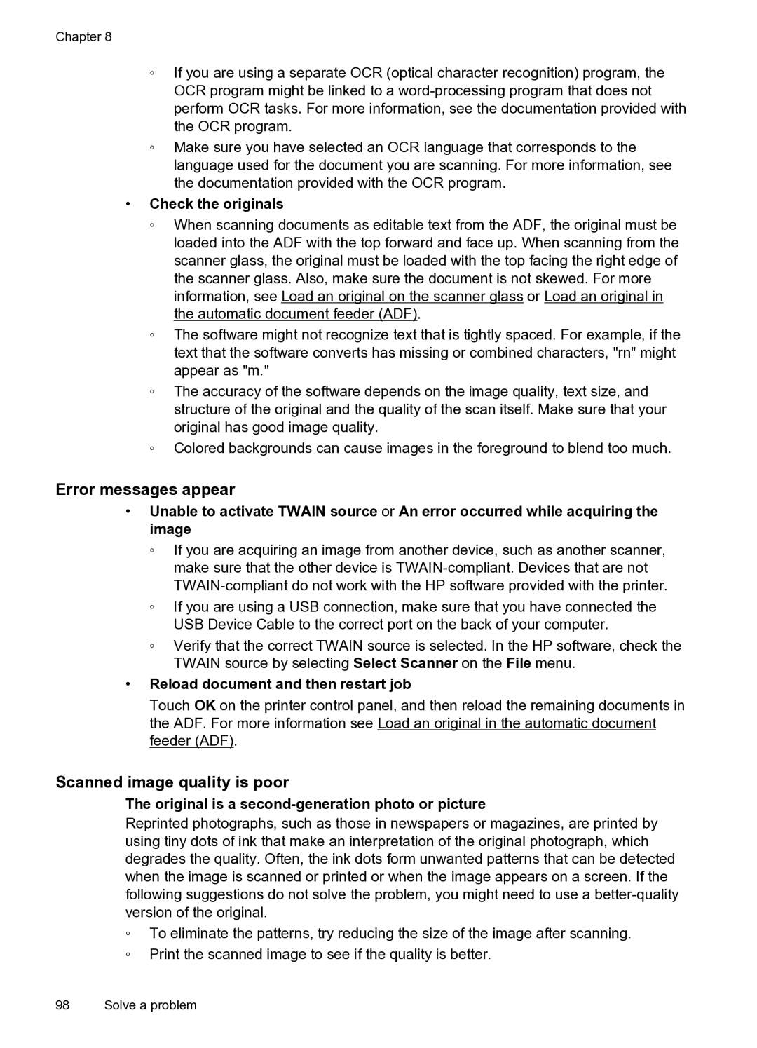 HP 6600 Error messages appear, Scanned image quality is poor, Check the originals, Reload document and then restart job 