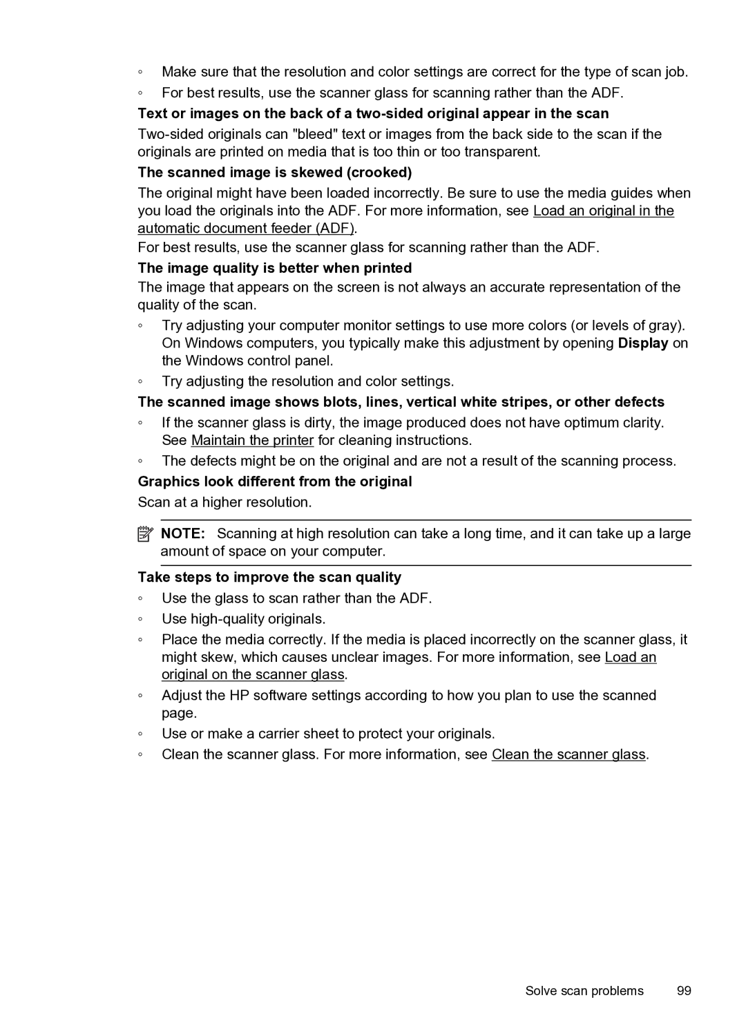 HP 6600 e- CZ155A#B1H manual Scanned image is skewed crooked, Image quality is better when printed 