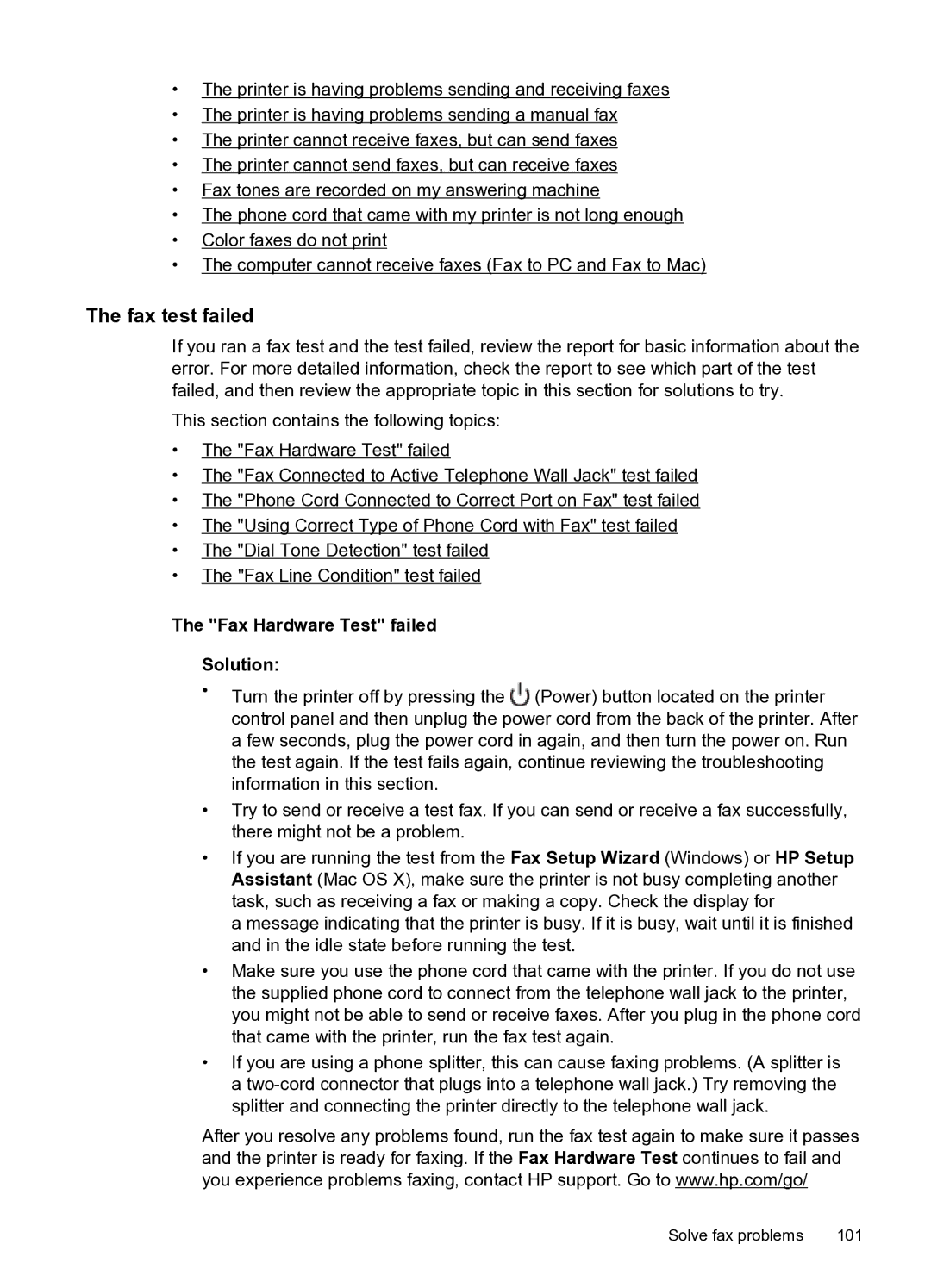 HP 6600 e- CZ155A#B1H manual Fax test failed, Fax Hardware Test failed Solution 