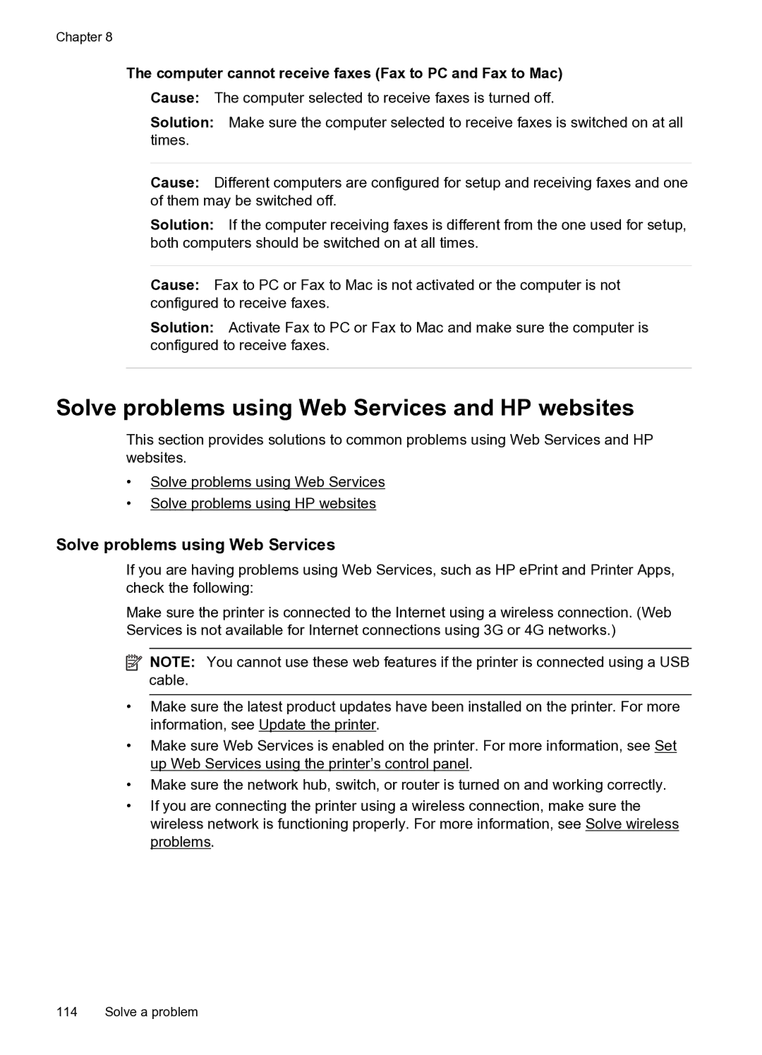 HP 6600 manual Solve problems using Web Services and HP websites, Computer cannot receive faxes Fax to PC and Fax to Mac 