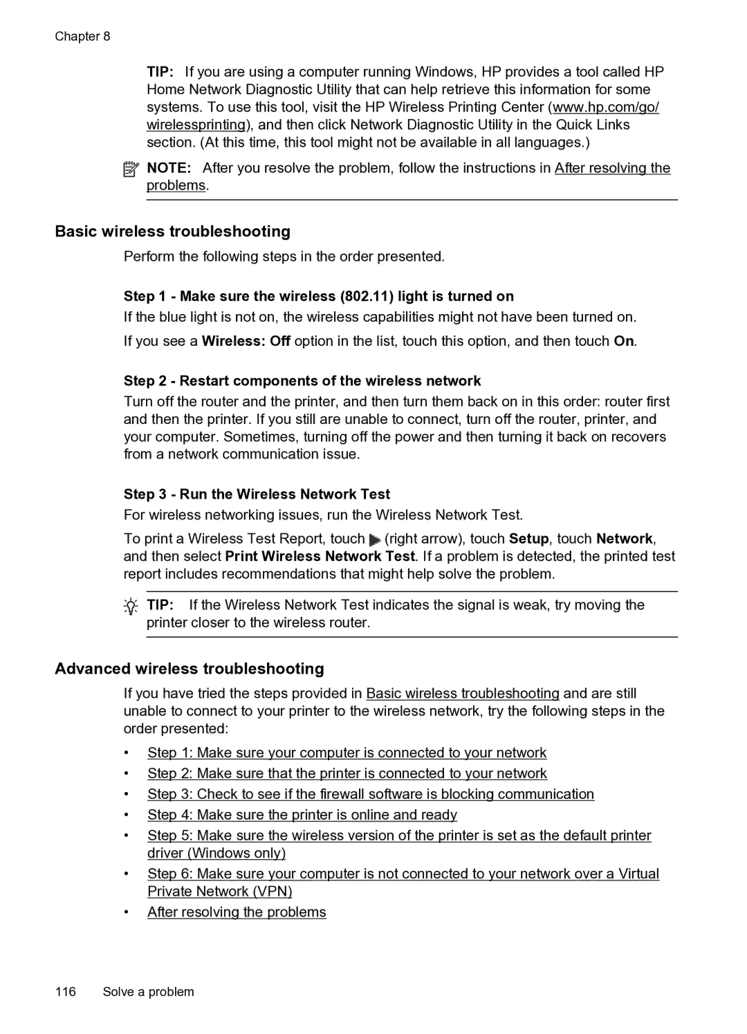 HP 6600 Basic wireless troubleshooting, Advanced wireless troubleshooting, Restart components of the wireless network 