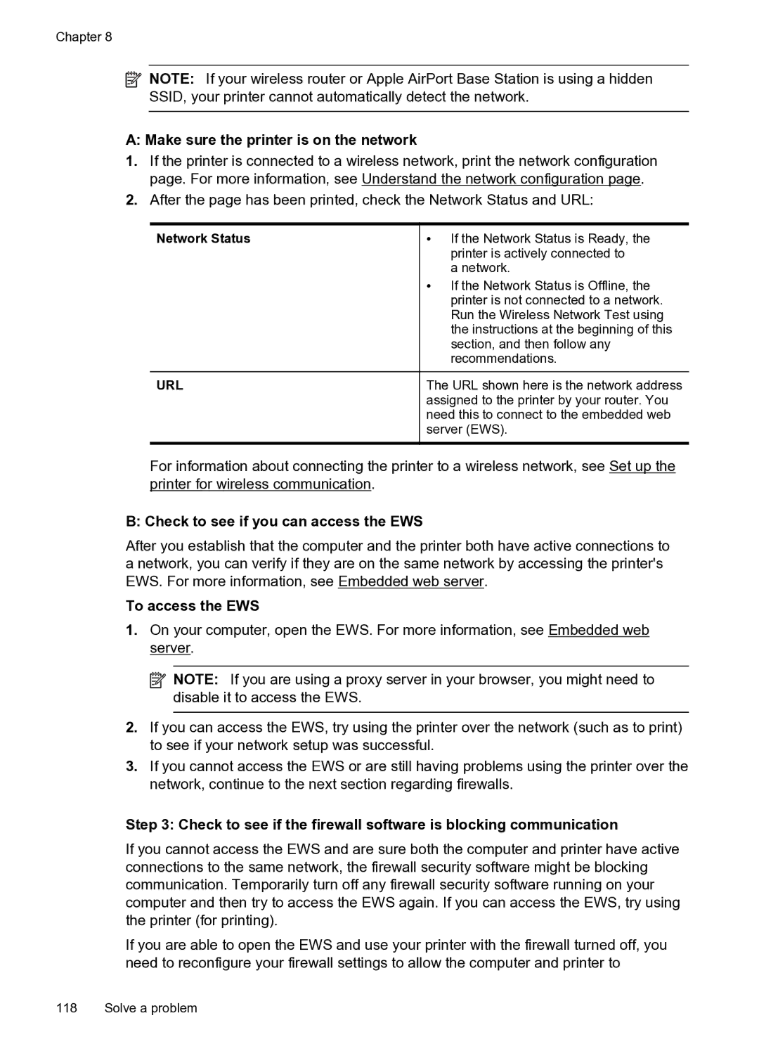 HP 6600 Make sure the printer is on the network, Check to see if you can access the EWS, To access the EWS, Network Status 