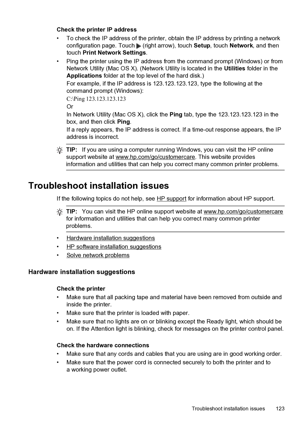 HP 6600 e- CZ155A#B1H Troubleshoot installation issues, Hardware installation suggestions, Check the printer IP address 