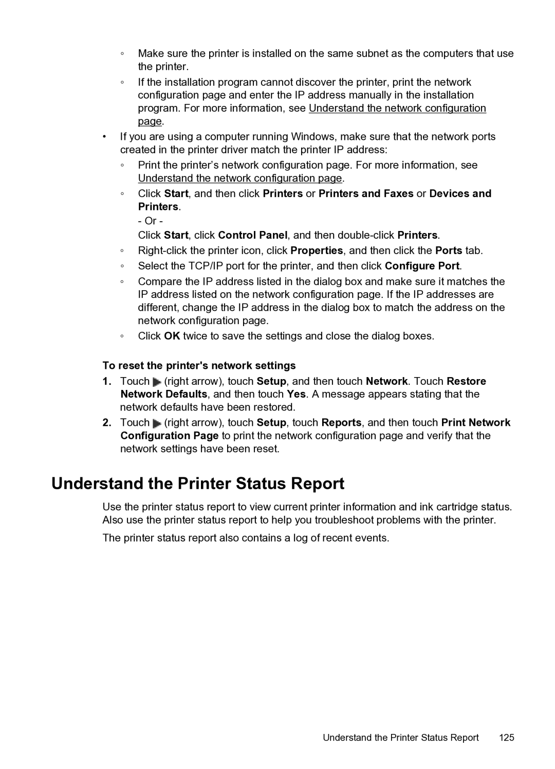 HP 6600 e- CZ155A#B1H manual Understand the Printer Status Report, To reset the printers network settings 