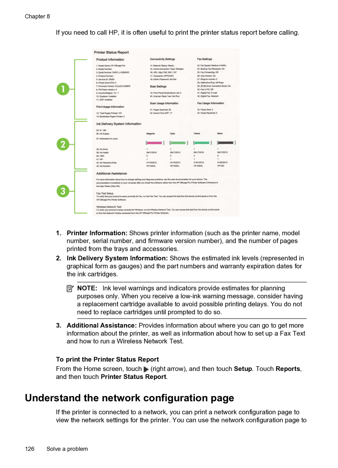 HP 6600 e- CZ155A#B1H manual Understand the network configuration, To print the Printer Status Report 