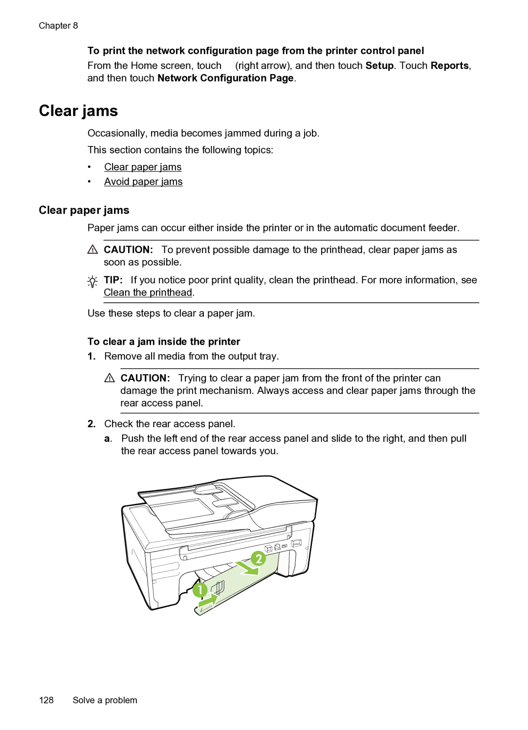 HP 6600 e- CZ155A#B1H manual Clear jams, Clear paper jams, To clear a jam inside the printer 