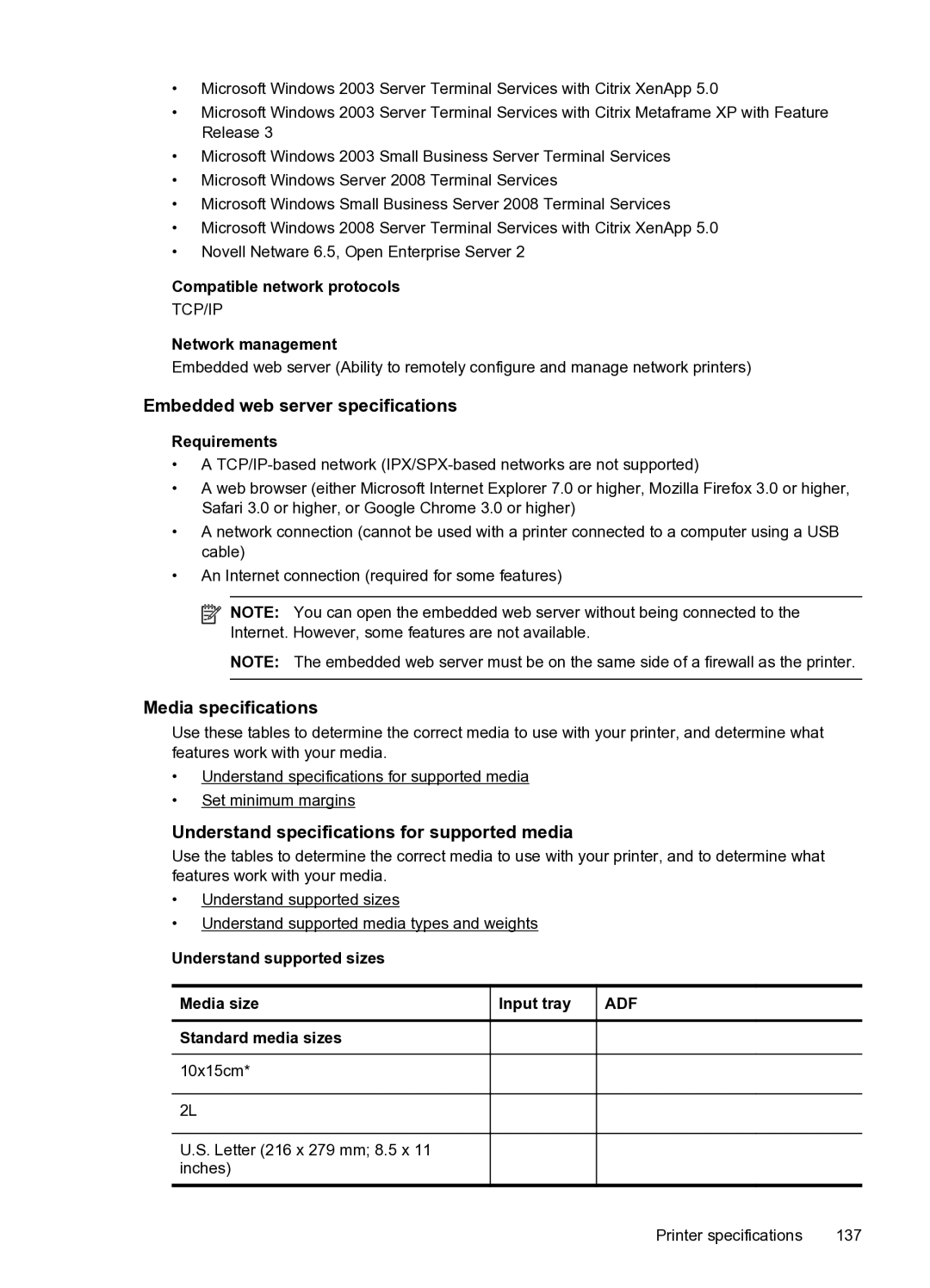 HP 6600 e- CZ155A#B1H manual Embedded web server specifications, Media specifications 