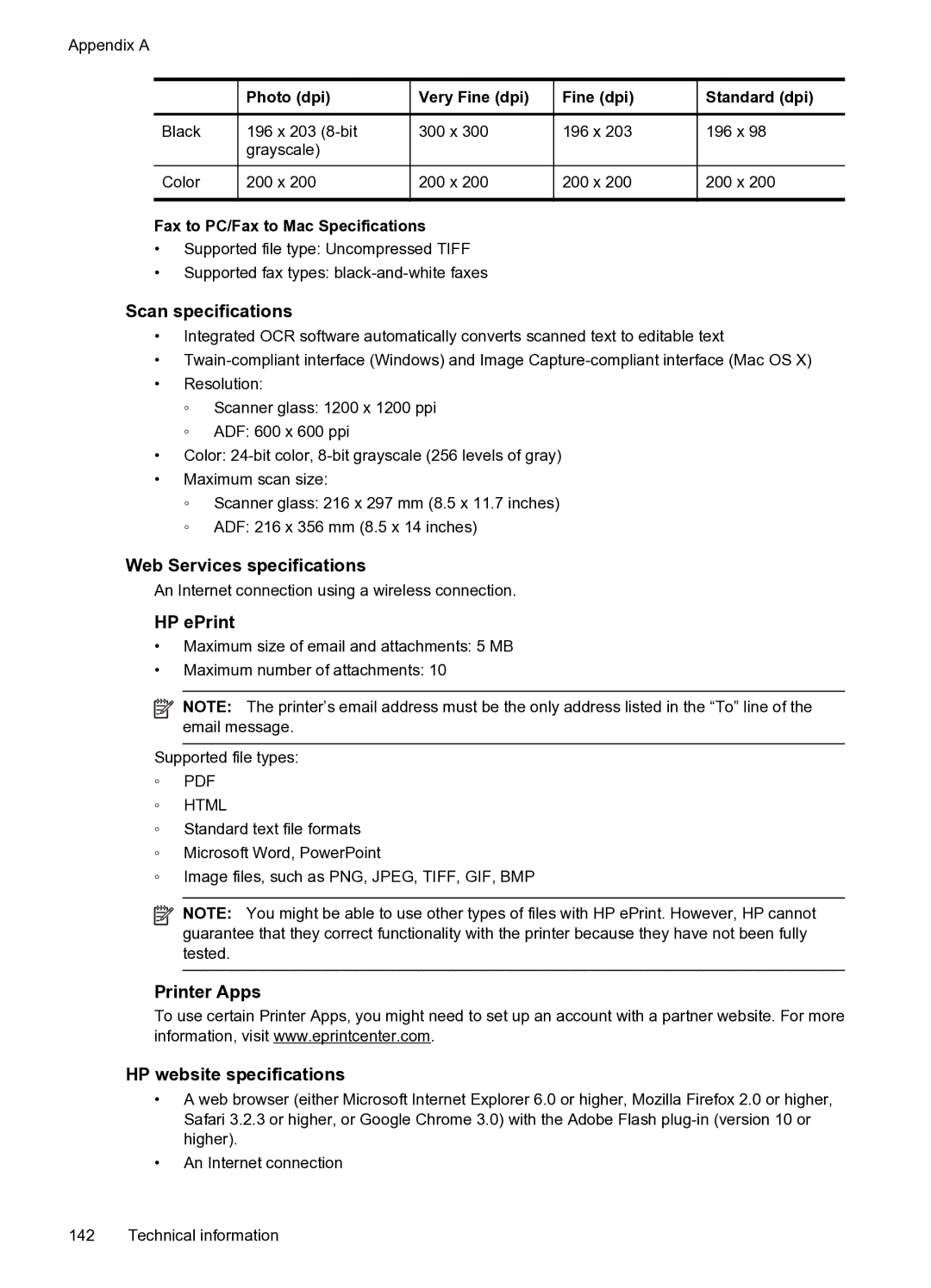 HP 6600 manual Scan specifications, Web Services specifications, HP ePrint, Printer Apps HP website specifications 