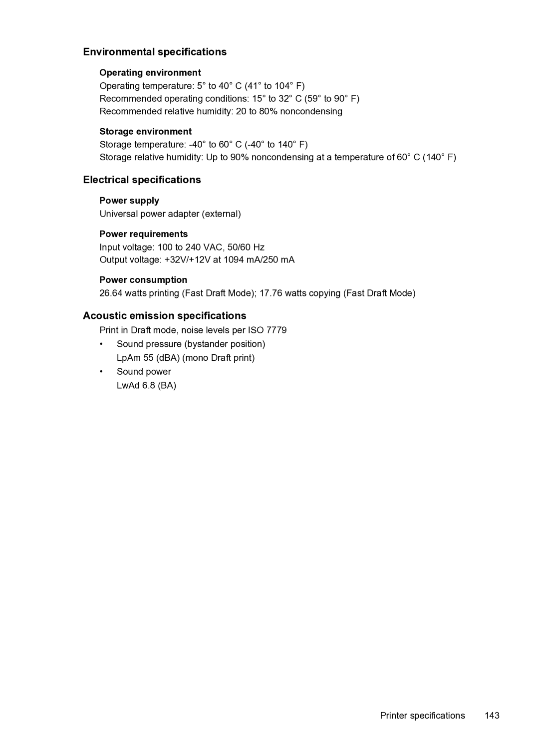 HP 6600 e- CZ155A#B1H manual Environmental specifications, Electrical specifications, Acoustic emission specifications 