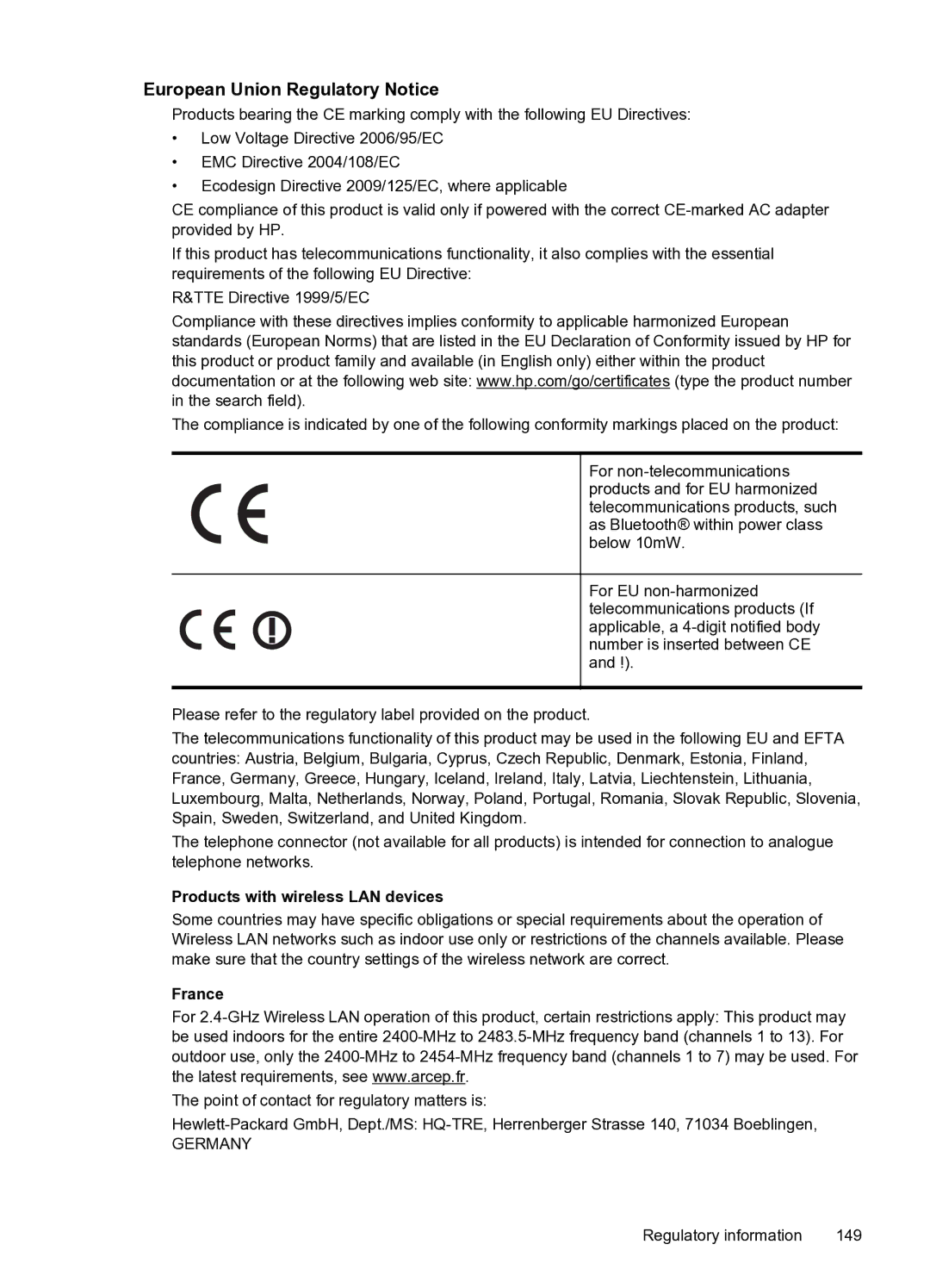 HP 6600 e- CZ155A#B1H manual European Union Regulatory Notice, Products with wireless LAN devices, France 