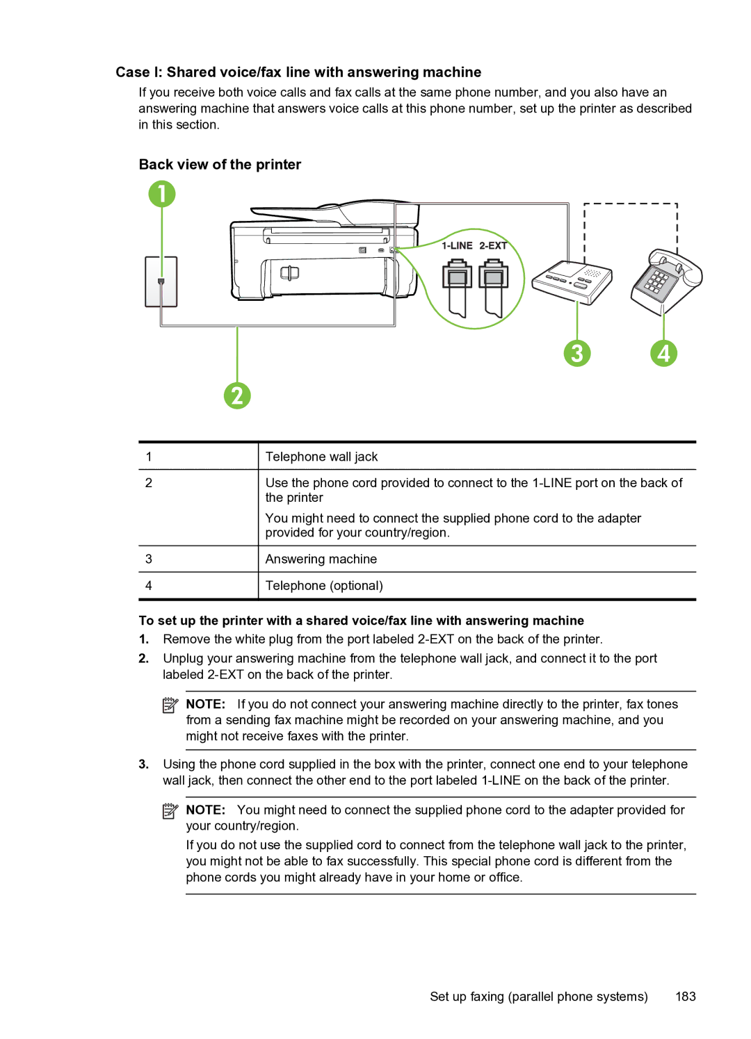 HP 6600 e- CZ155A#B1H manual Case I Shared voice/fax line with answering machine, Back view of the printer 