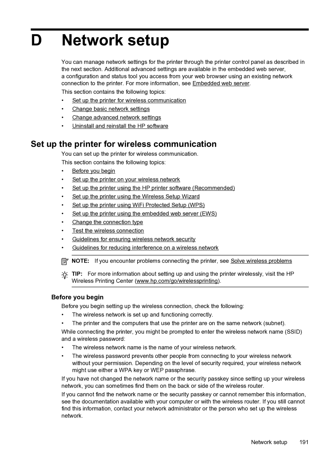 HP 6600 e- CZ155A#B1H manual Network setup, Set up the printer for wireless communication, Before you begin 