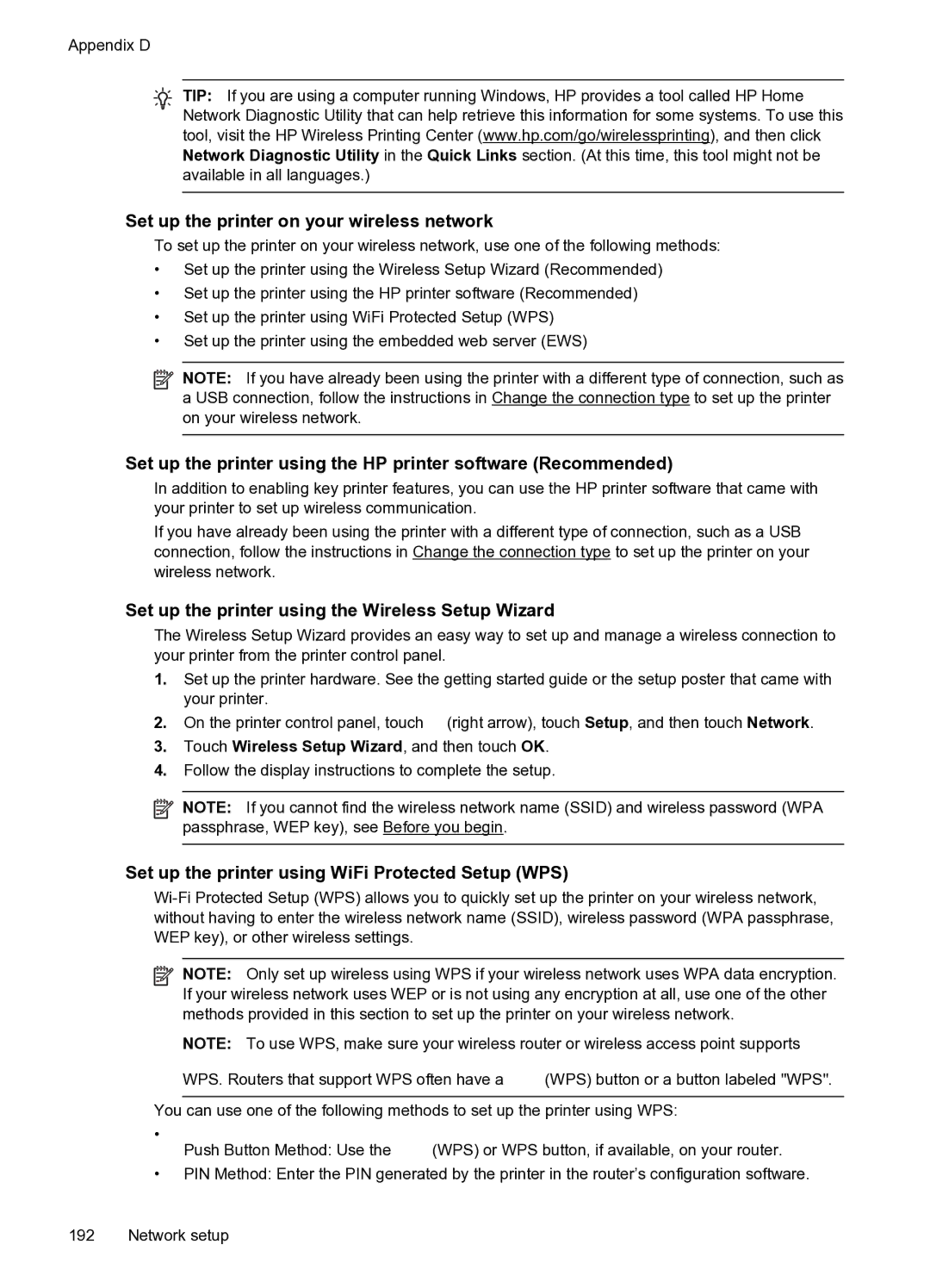 HP 6600 manual Set up the printer on your wireless network, Set up the printer using the Wireless Setup Wizard 