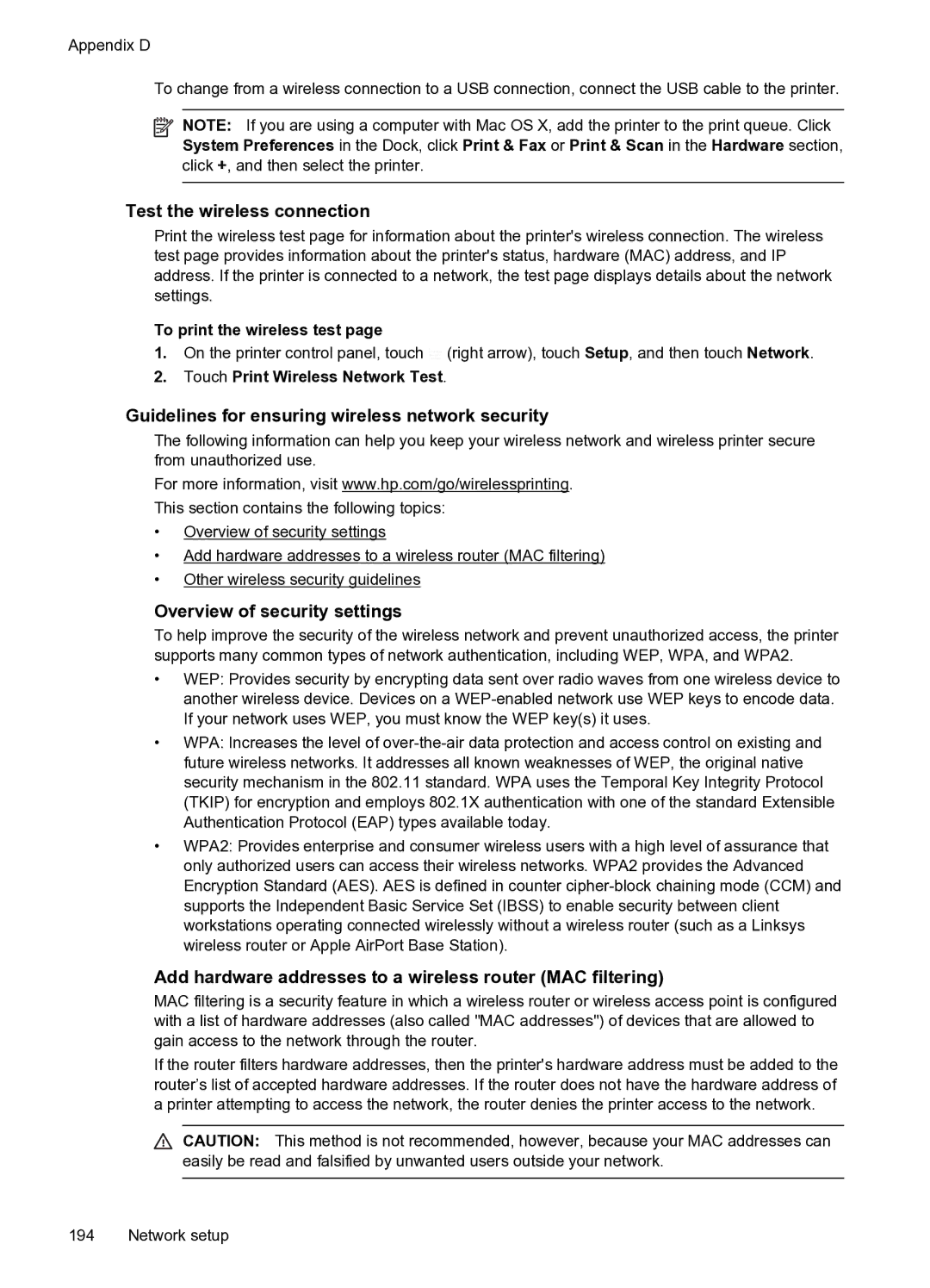 HP 6600 Test the wireless connection, Guidelines for ensuring wireless network security, Overview of security settings 