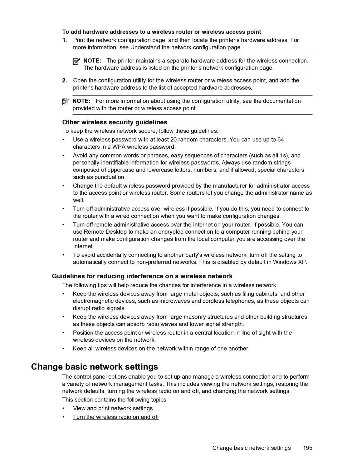 HP 6600 e- CZ155A#B1H manual Change basic network settings, Other wireless security guidelines 