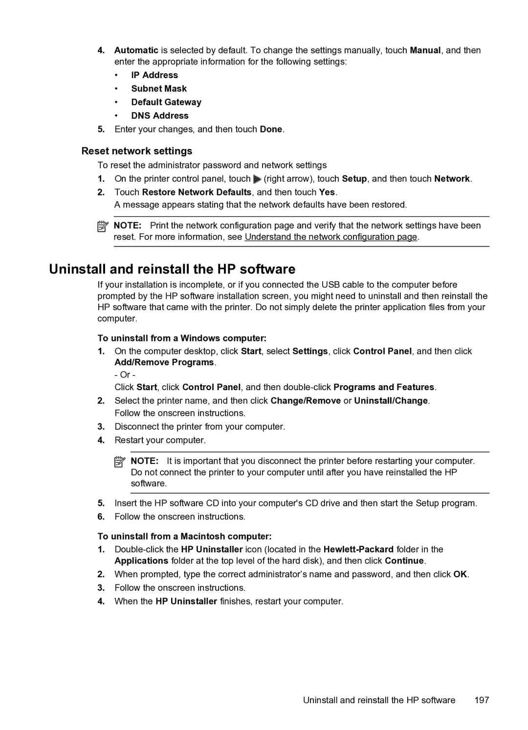 HP 6600 e- CZ155A#B1H manual Uninstall and reinstall the HP software, Reset network settings 