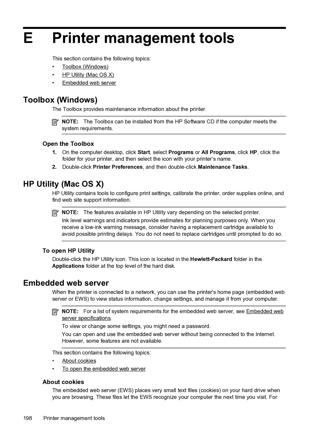 HP 6600 e- CZ155A#B1H manual Printer management tools, Toolbox Windows, HP Utility Mac OS, Embedded web server 