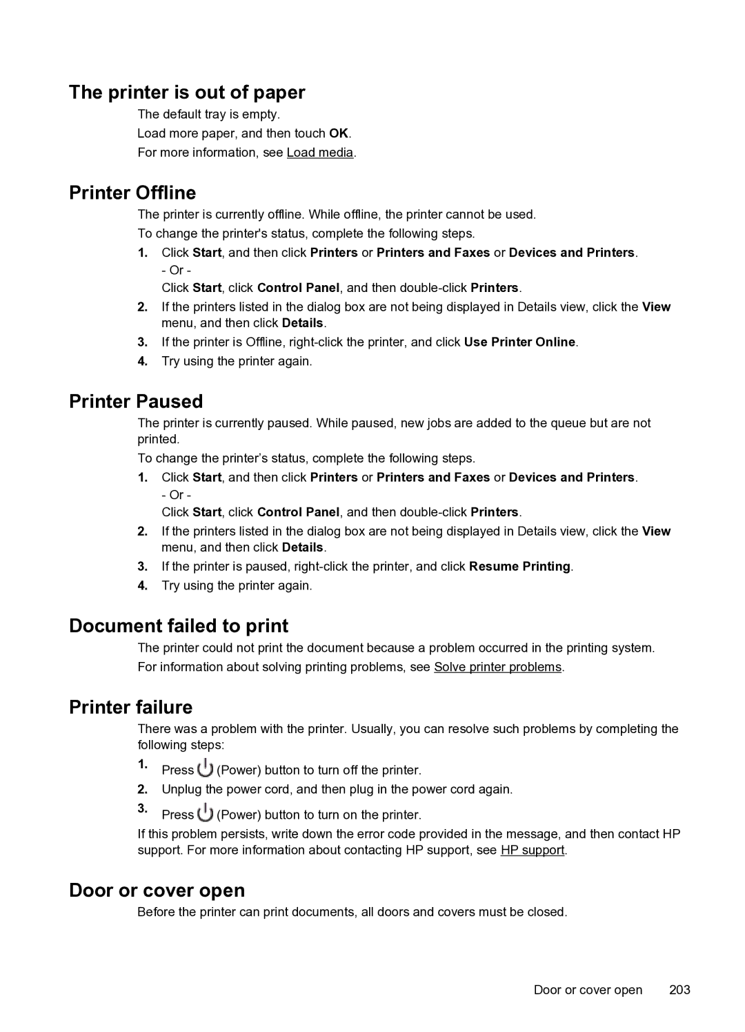 HP 6600 e- CZ155A#B1H Printer is out of paper, Printer Offline, Printer Paused, Document failed to print, Printer failure 