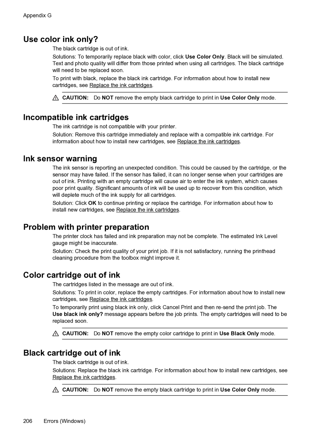 HP 6600 manual Use color ink only?, Incompatible ink cartridges, Ink sensor warning, Problem with printer preparation 