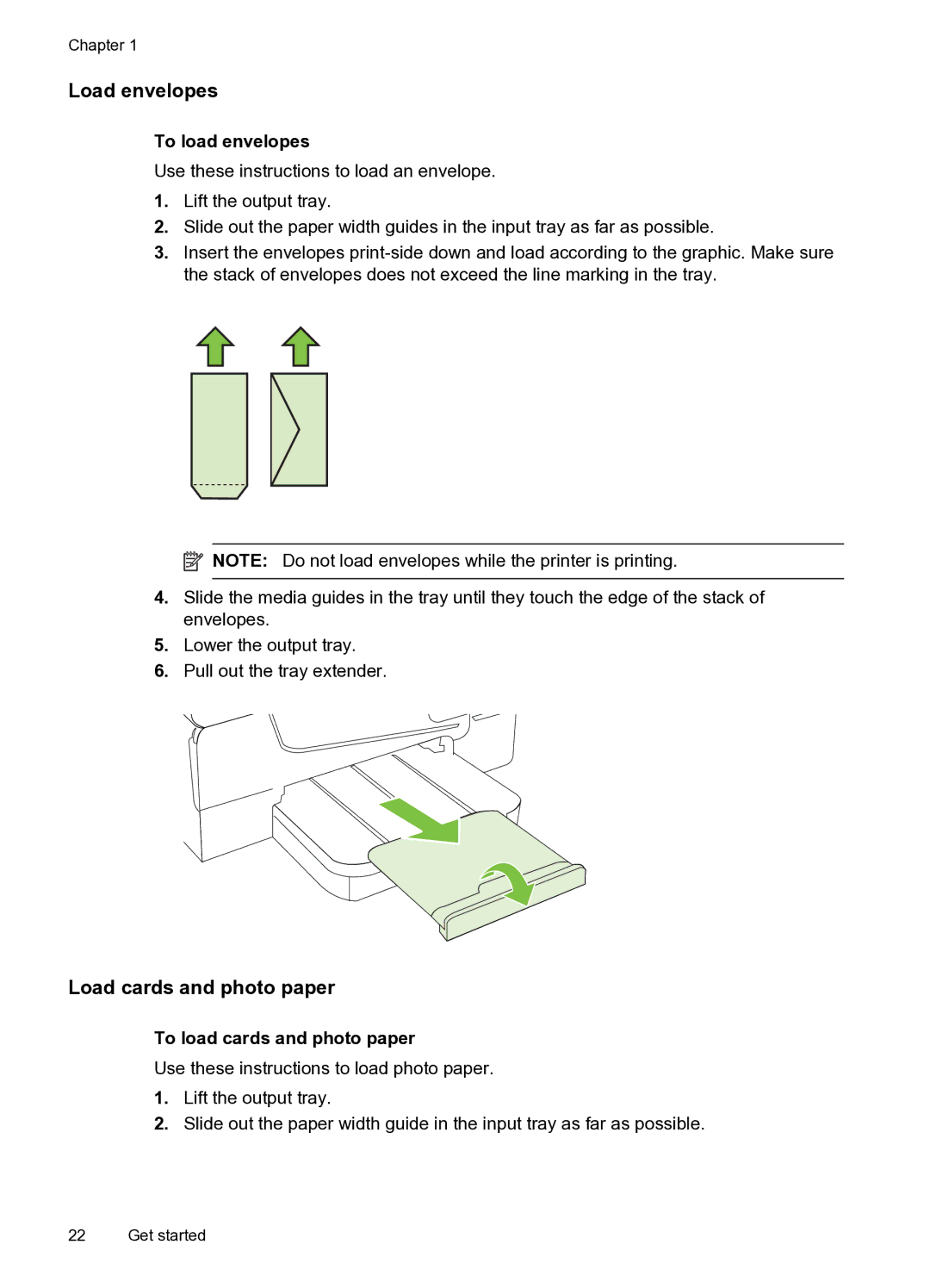 HP 6600 e- CZ155A#B1H Load envelopes, Load cards and photo paper, To load envelopes, To load cards and photo paper 