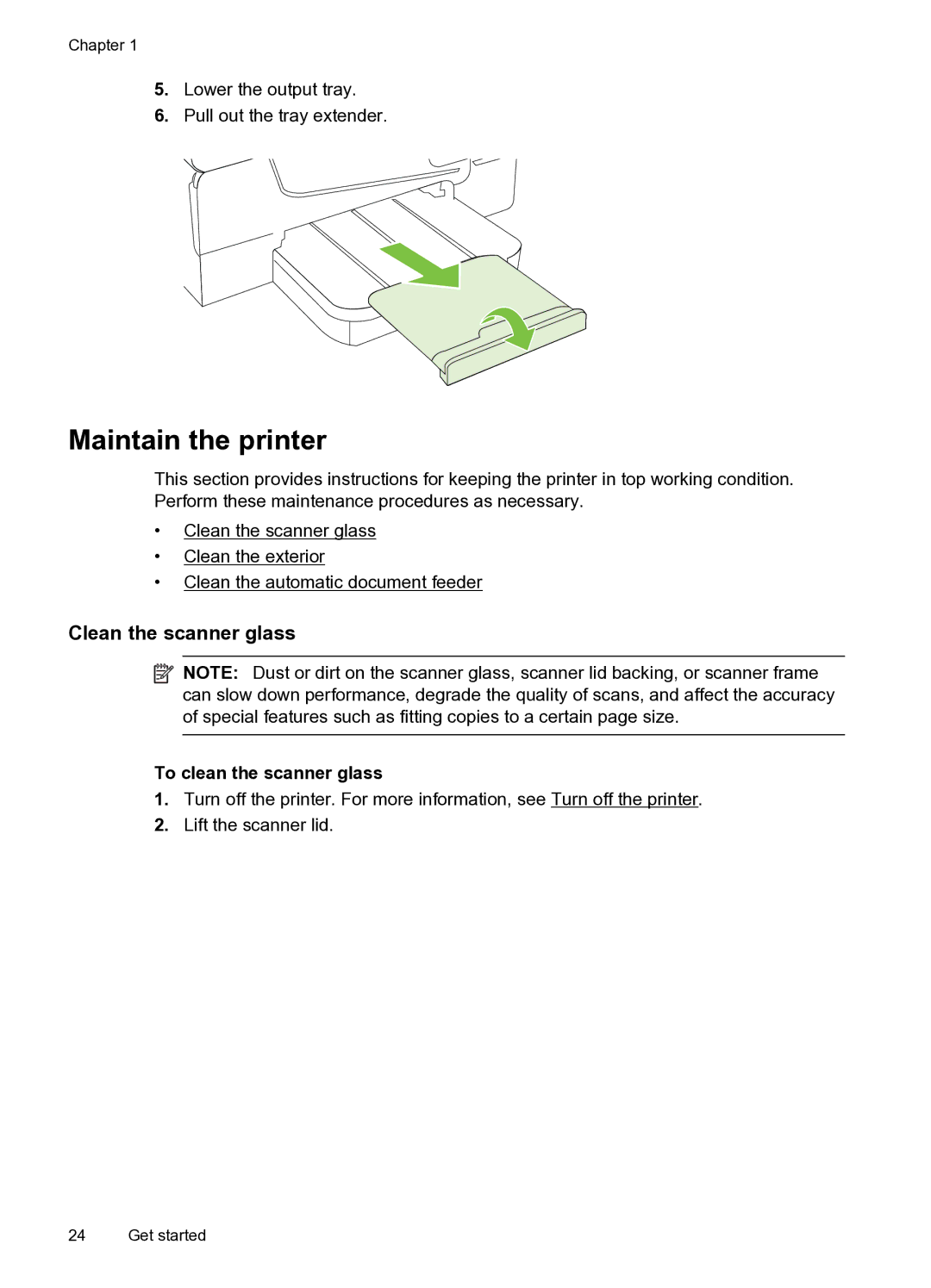 HP 6600 e- CZ155A#B1H manual Maintain the printer, Clean the scanner glass, To clean the scanner glass 