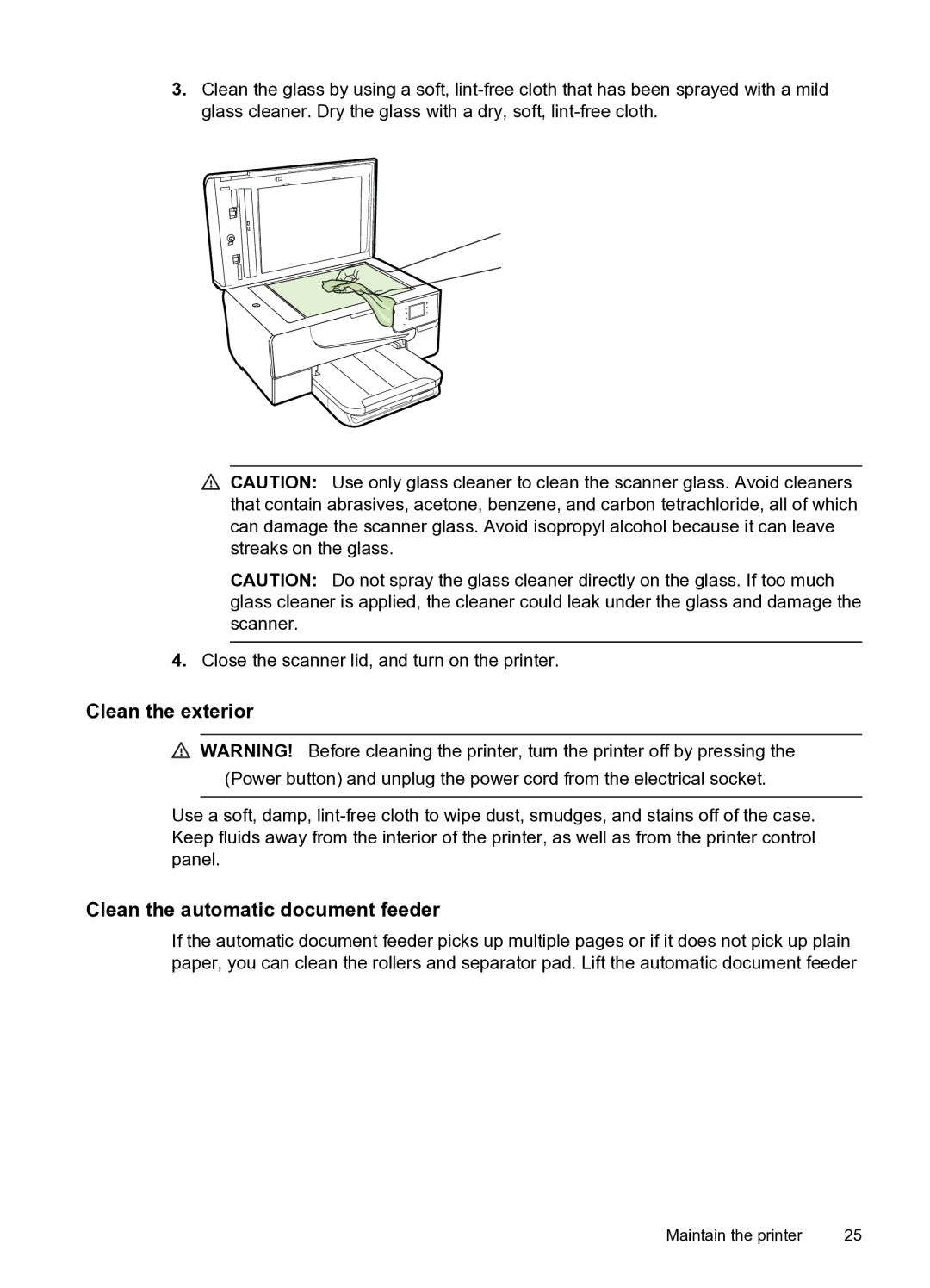 HP 6600 e- CZ155A#B1H manual Clean the exterior, Clean the automatic document feeder 