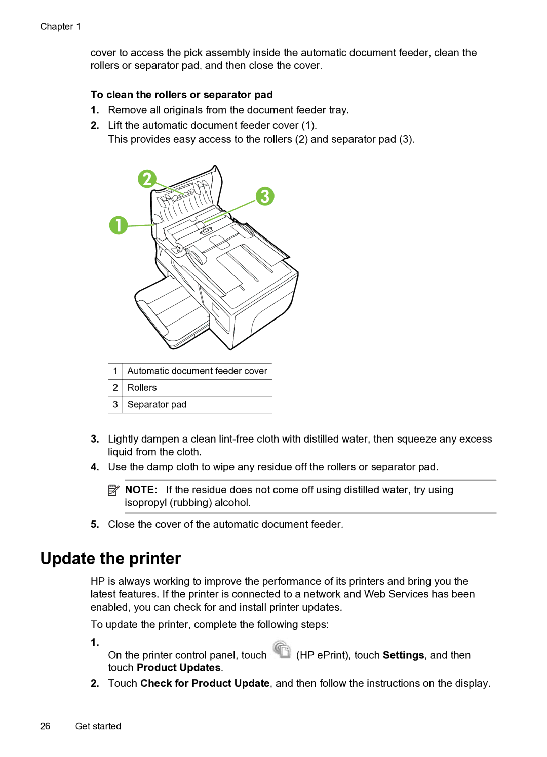 HP 6600 e- CZ155A#B1H manual Update the printer, To clean the rollers or separator pad 