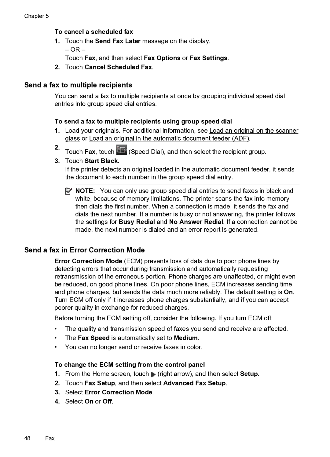 HP 6600 e- CZ155A#B1H manual Send a fax to multiple recipients, Send a fax in Error Correction Mode 