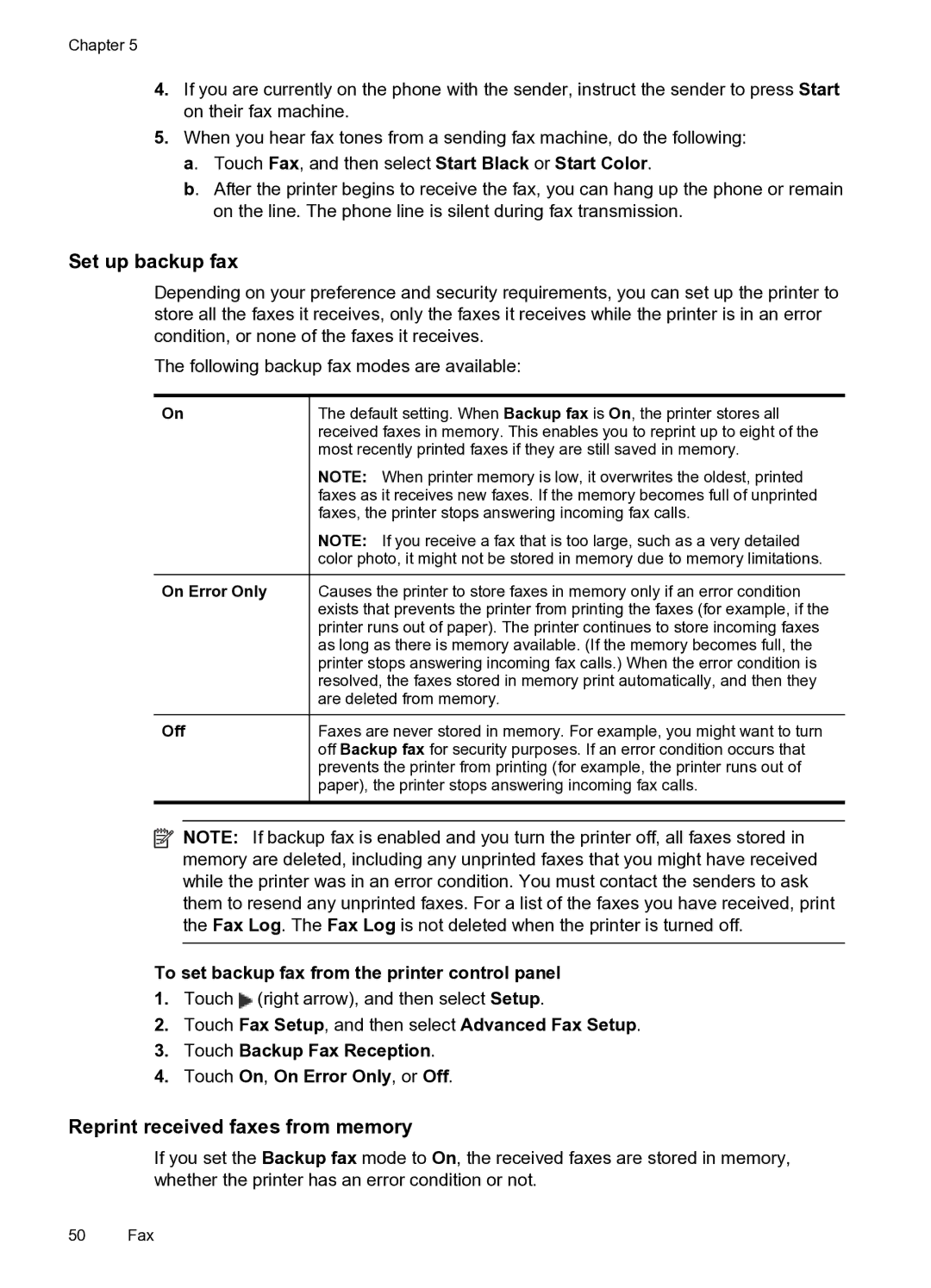 HP 6600 manual Set up backup fax, Reprint received faxes from memory, To set backup fax from the printer control panel, Off 